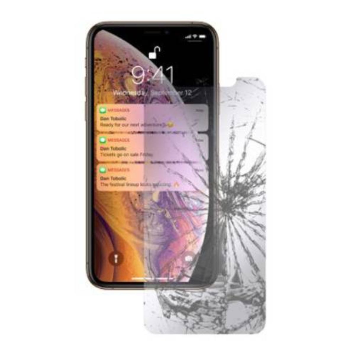 iPhone con protezione schermo. Lo schermo del telefono mostra messaggi. La protezione è rotta. Sfondo bianco.