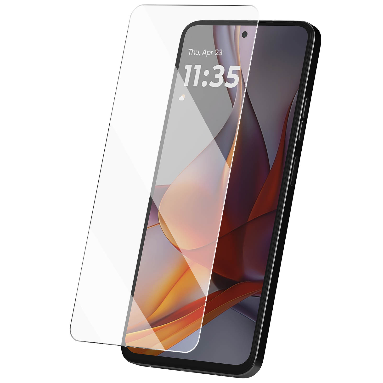 Uno smartphone con protezione schermo, che mostra l'ora 11:35. Il telefono è nero e la protezione è trasparente.