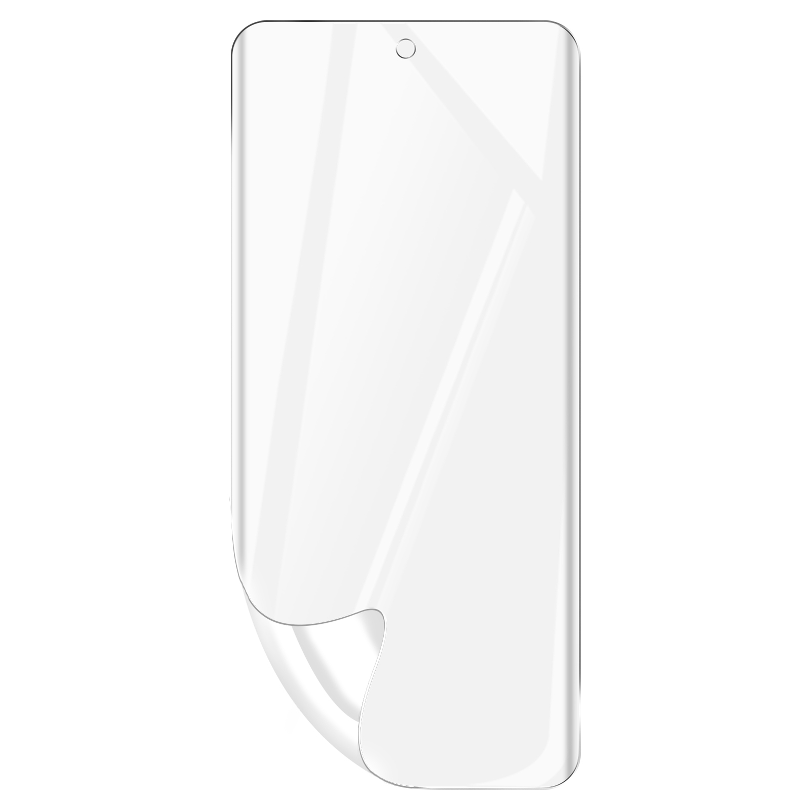 Una protezione schermo trasparente per un telefono. Ha un bordo curvo e un piccolo ritaglio per la fotocamera anteriore.