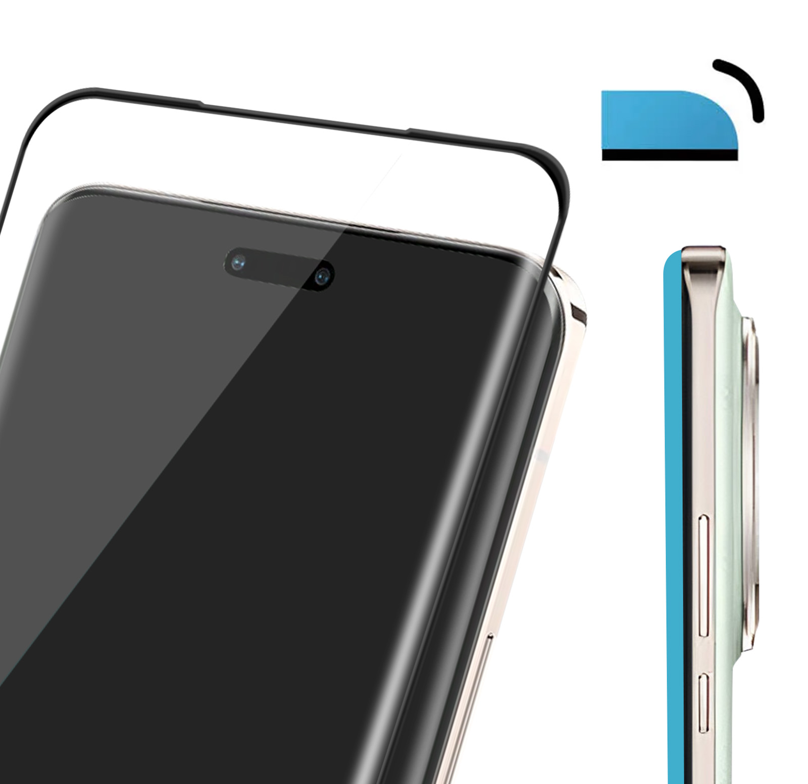Uno schermo del telefono con una protezione per lo schermo applicata. Il telefono è nero, la custodia è argentata e verde chiaro. Un elemento blu è accanto.