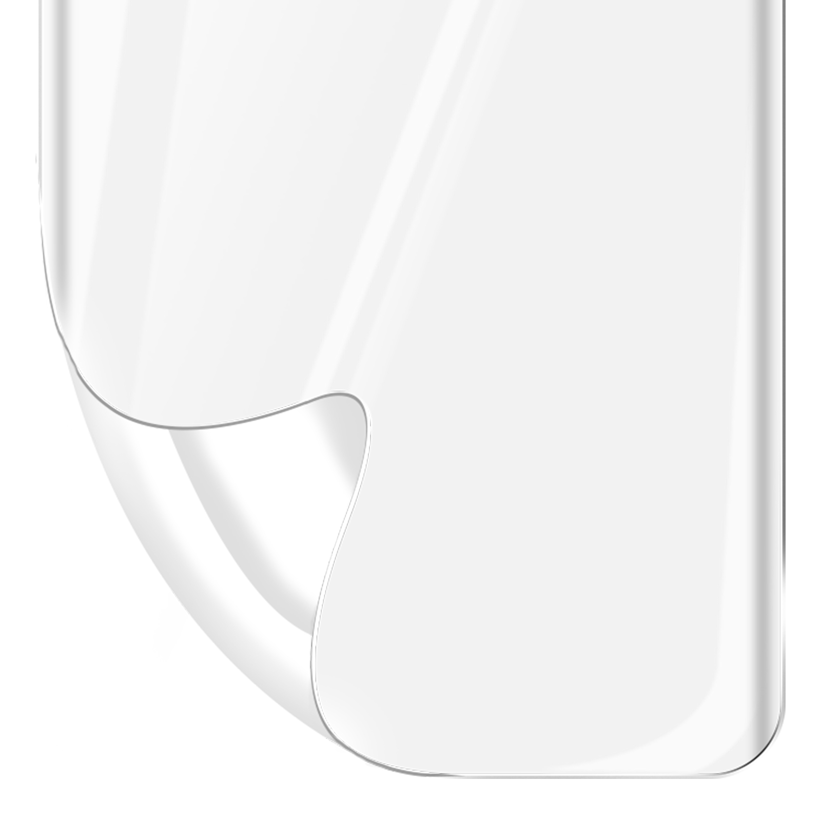 Un foglio curvo trasparente con un angolo piegato. Il foglio sembra essere di vetro o plastica, con ombre morbide.