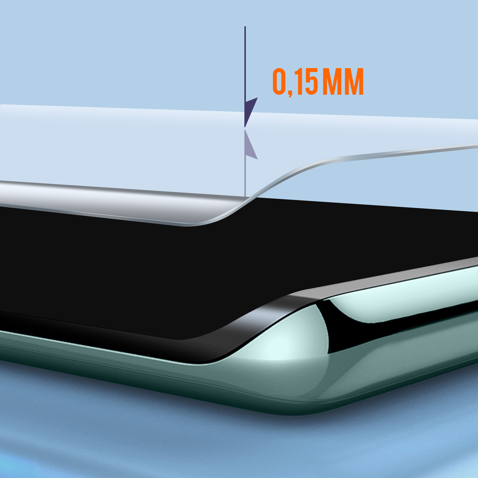 Un primo piano mostra una protezione schermo su un telefono. Lo spessore è indicato come 0,15 mm. Il telefono è verde e nero.