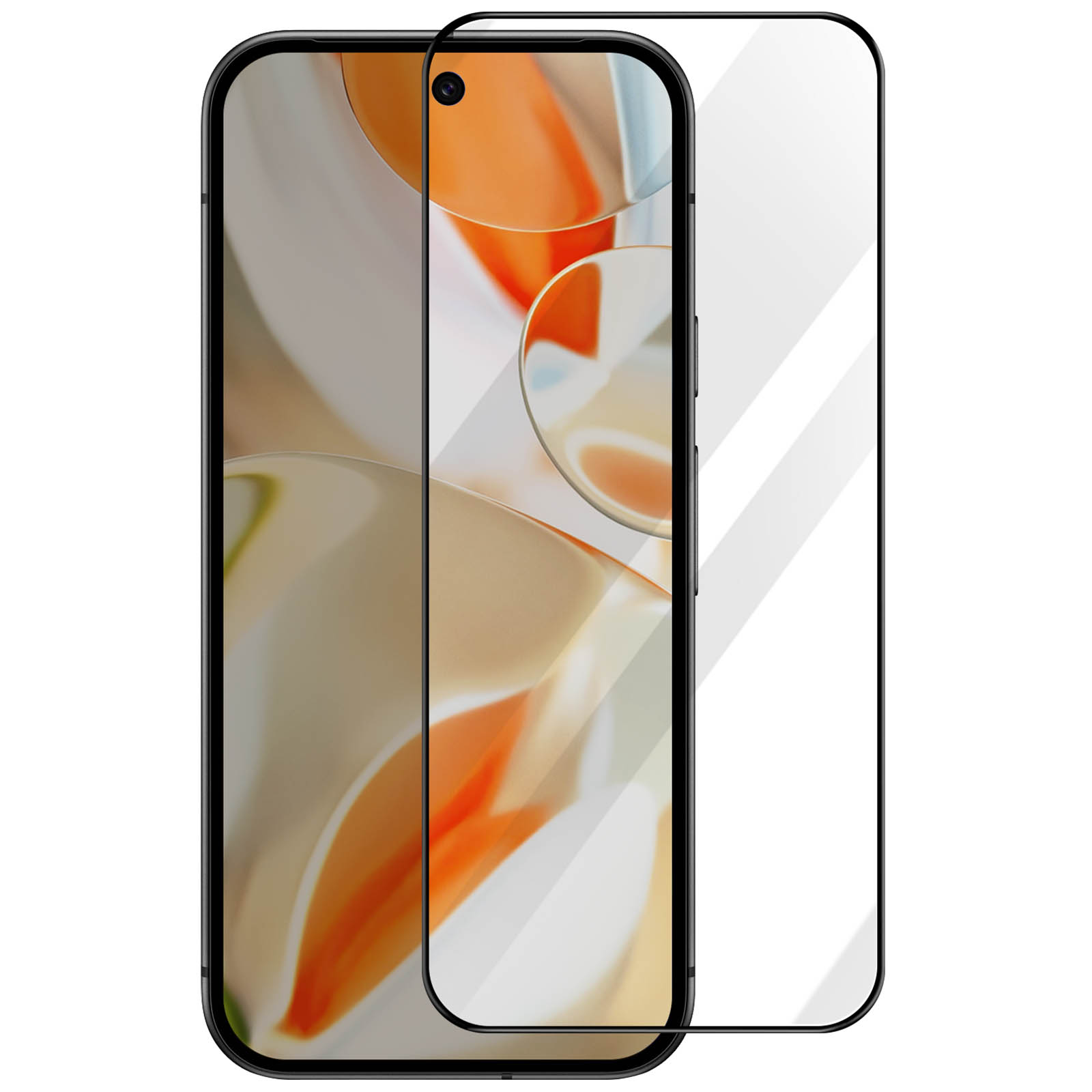 Uno smartphone con una protezione per lo schermo applicata. Lo schermo mostra un design astratto arancione e bianco, e la protezione è trasparente.