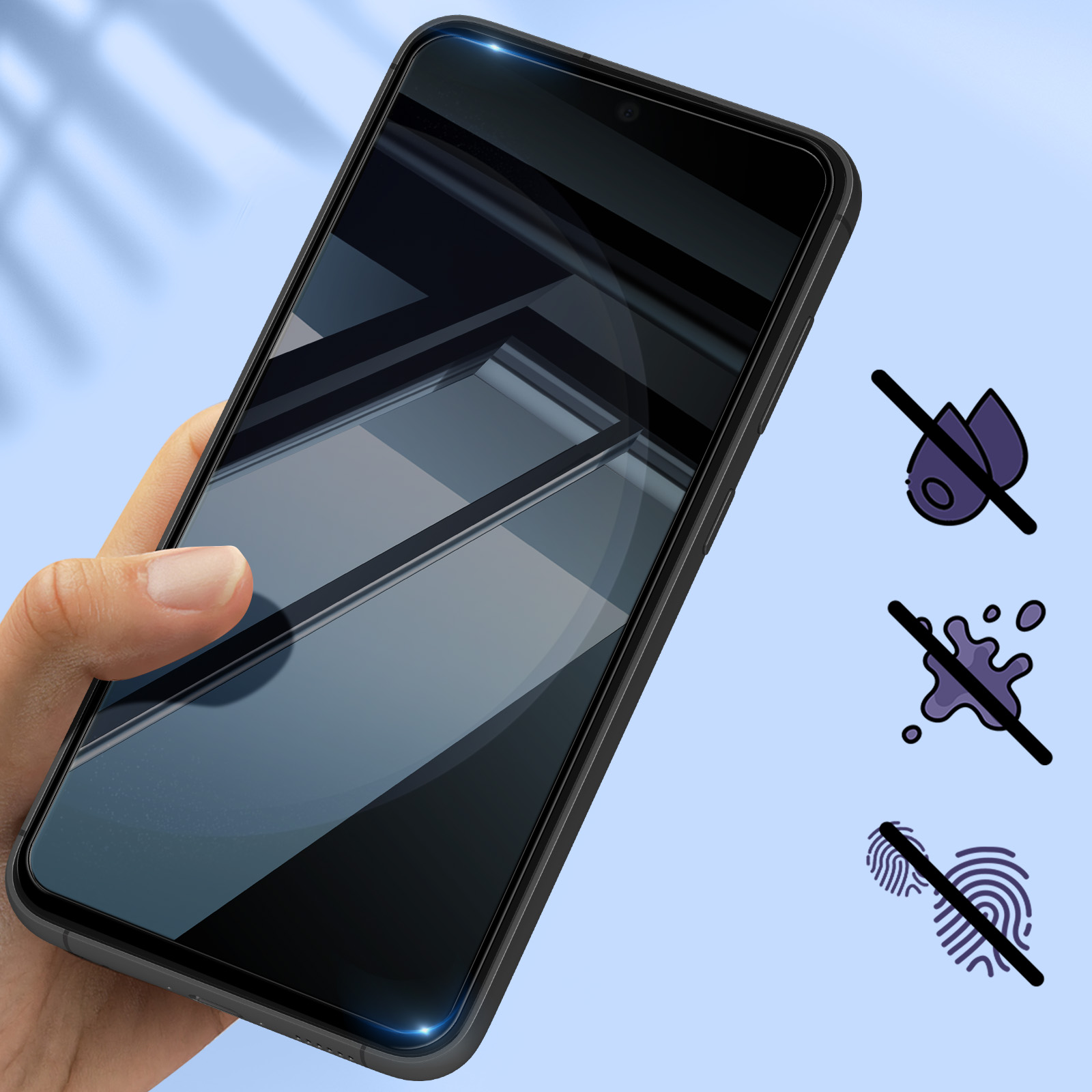 Uno smartphone tenuto in mano, che mostra una superficie riflettente. Le icone indicano resistenza all'acqua, alle impronte digitali e alle macchie.