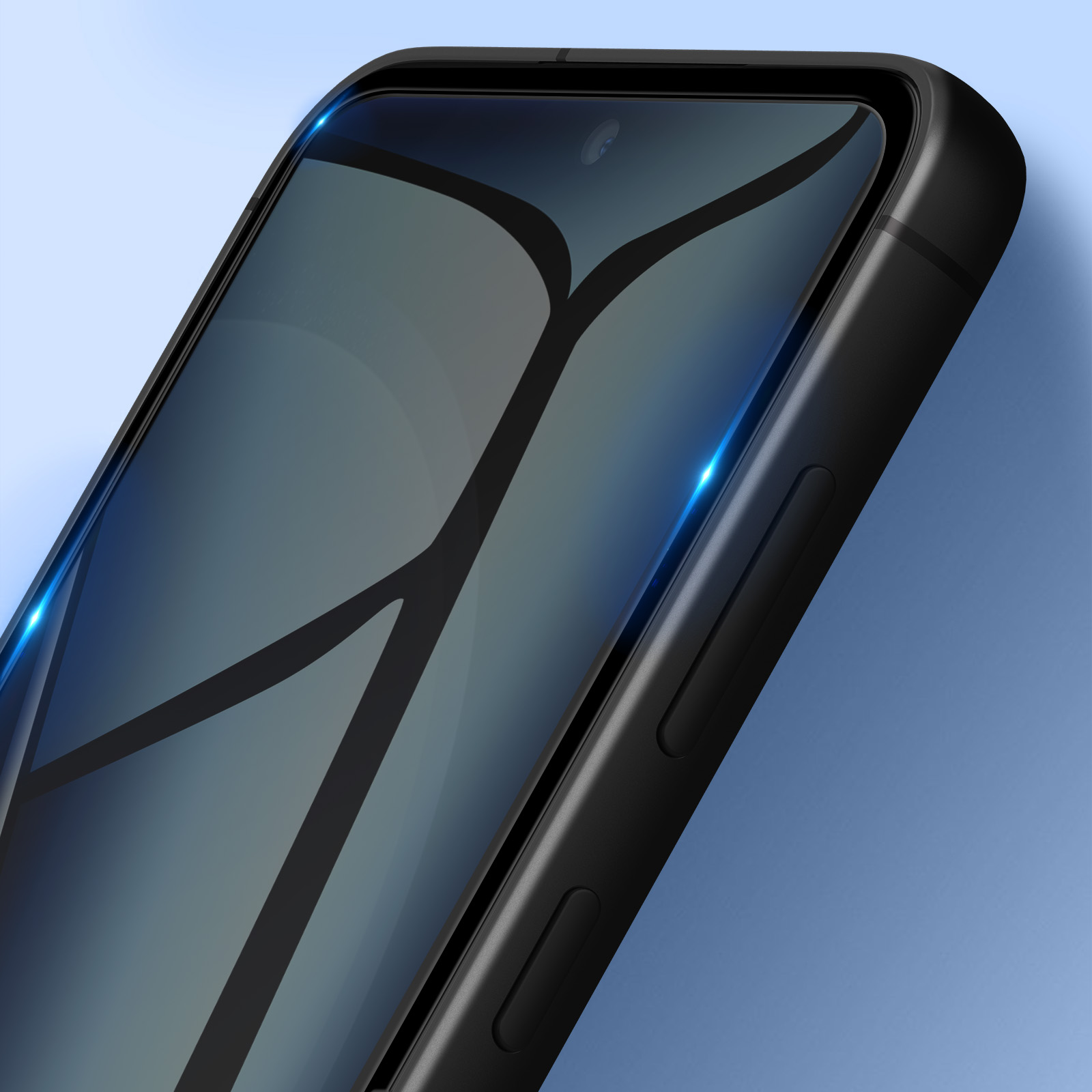 Primo piano di uno smartphone nero. Lo schermo riflette la luce e ha una fotocamera. Lo sfondo è blu.