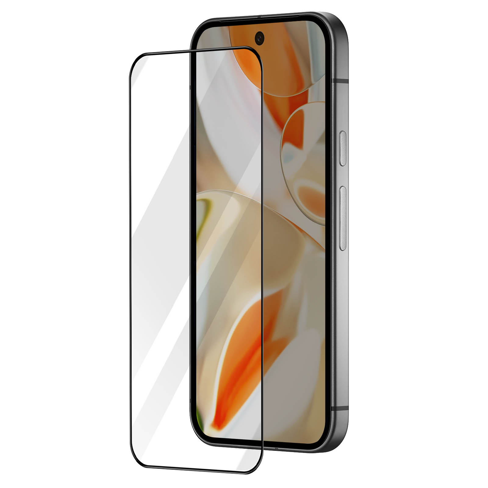 Uno smartphone con protezione schermo. Il telefono è nero, la protezione è trasparente. Lo sfondo è bianco.