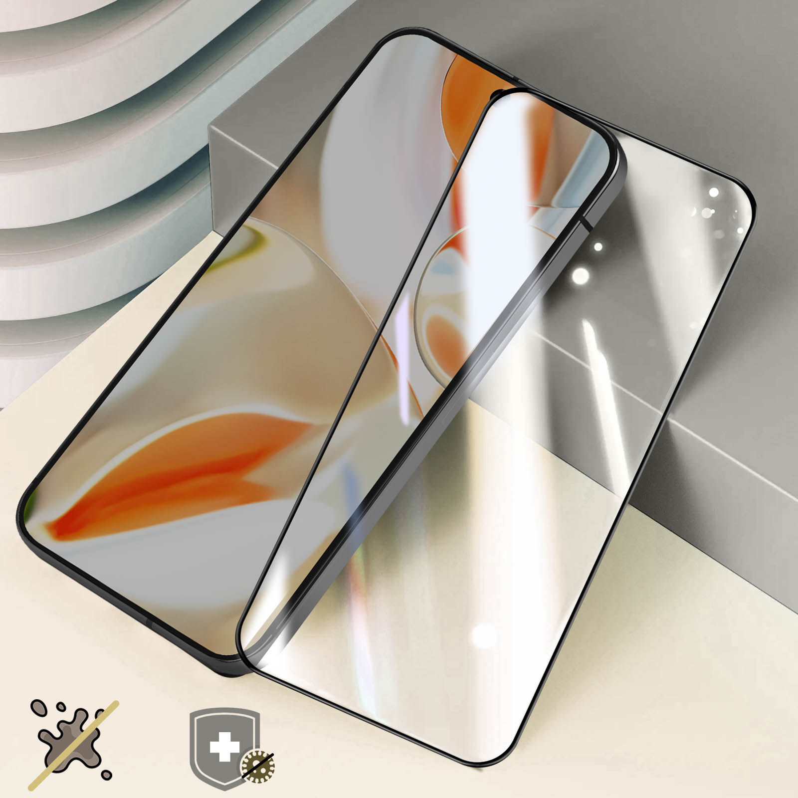 Due smartphone con protezioni schermo su superficie beige chiaro. Sfondo con elementi grigi curvi. Icone di protezione a sinistra.