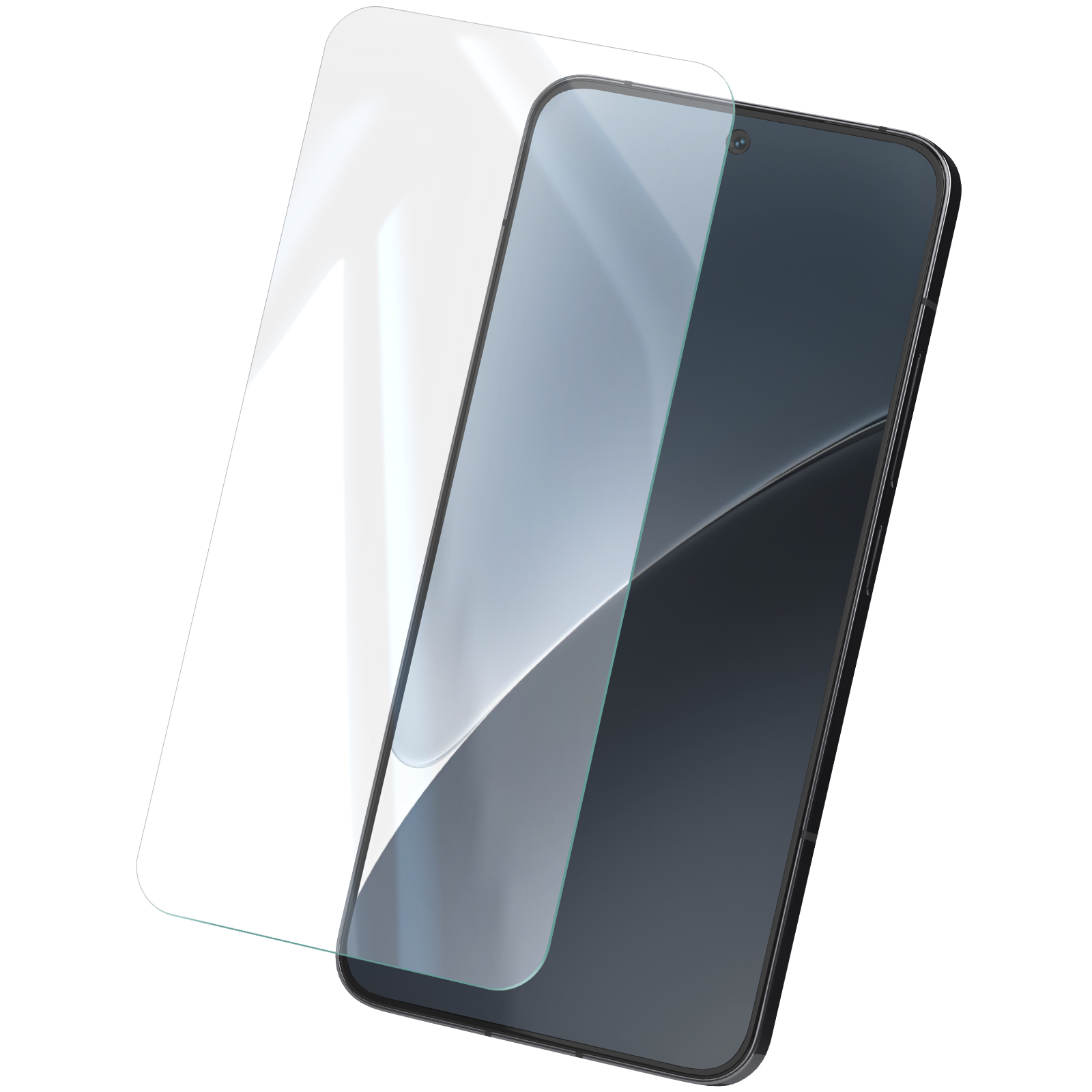 Viene mostrato uno smartphone con una protezione per lo schermo. La protezione è parzialmente applicata. Sfondo bianco.