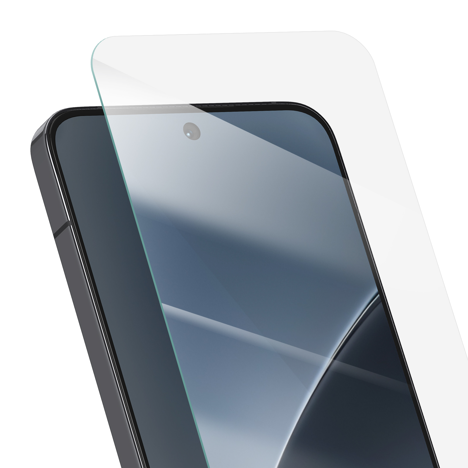 Uno smartphone con una protezione schermo in applicazione. Il telefono è grigio scuro, la protezione è trasparente.