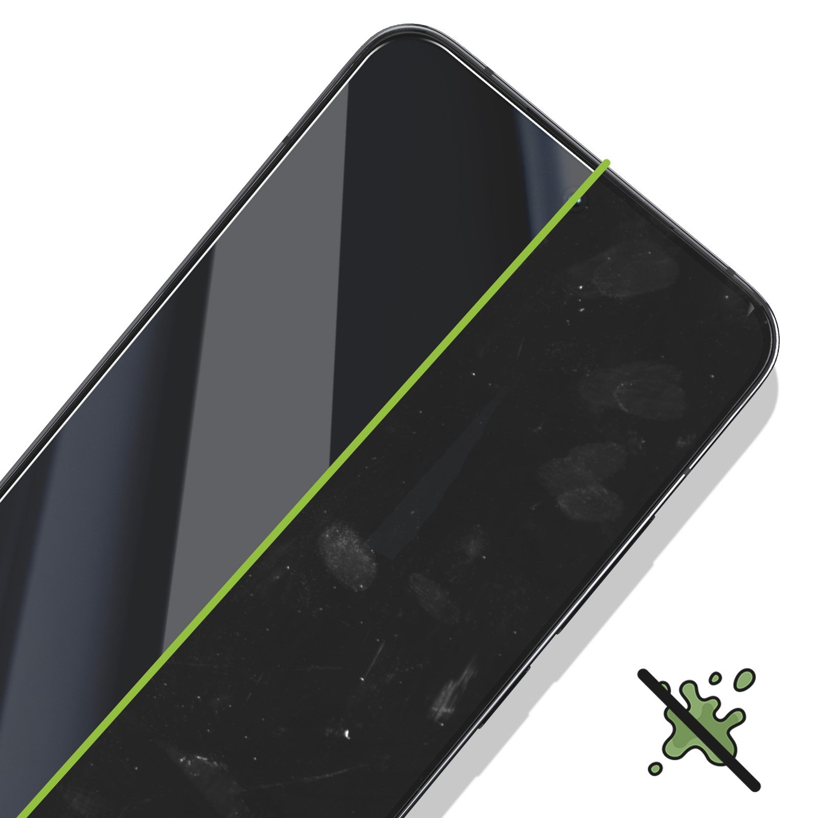 Un proteggi schermo con una linea diagonale verde, un'icona no-splash e impronte digitali.