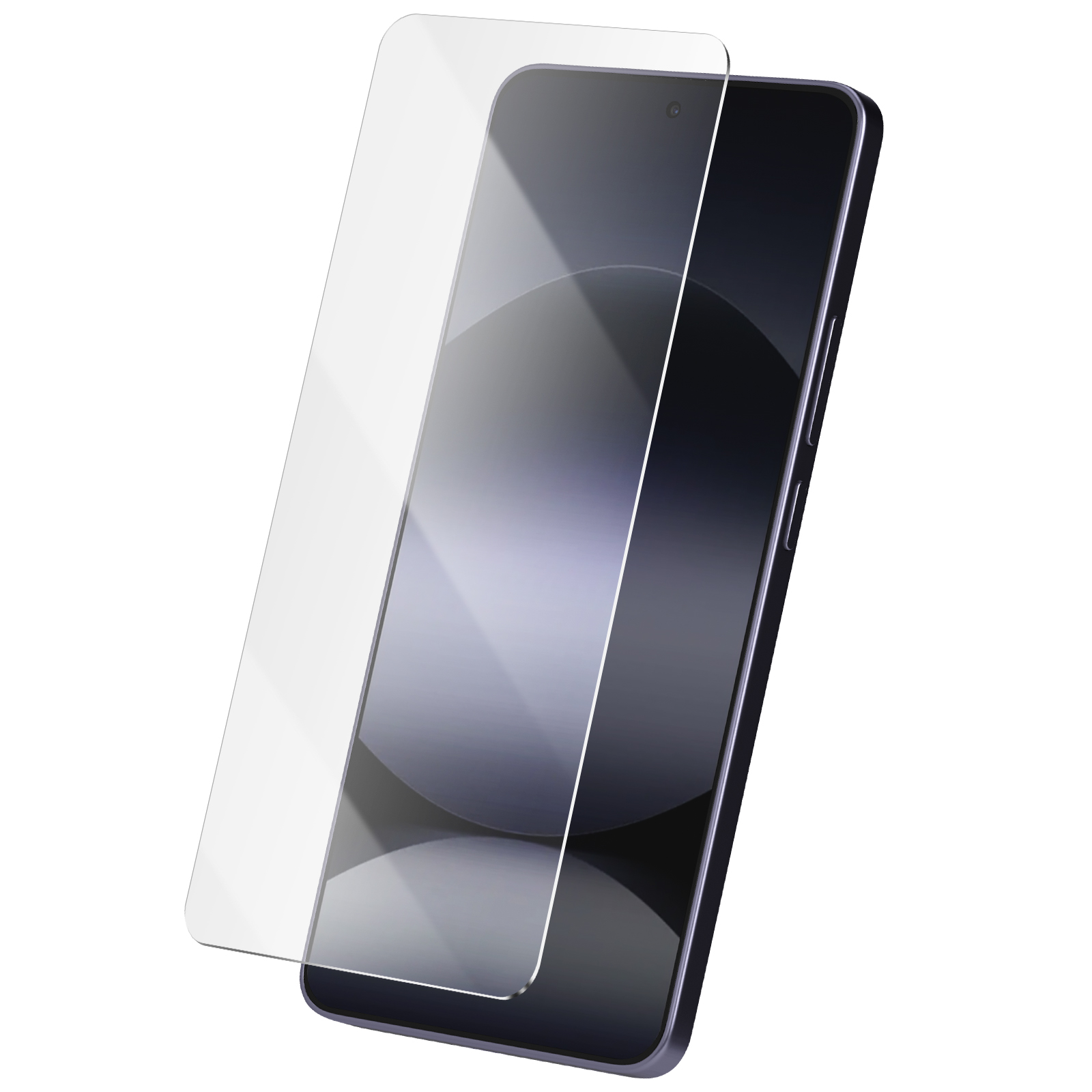 Uno smartphone con una protezione per lo schermo applicata. Il telefono è viola scuro con una fotocamera. La protezione è trasparente.