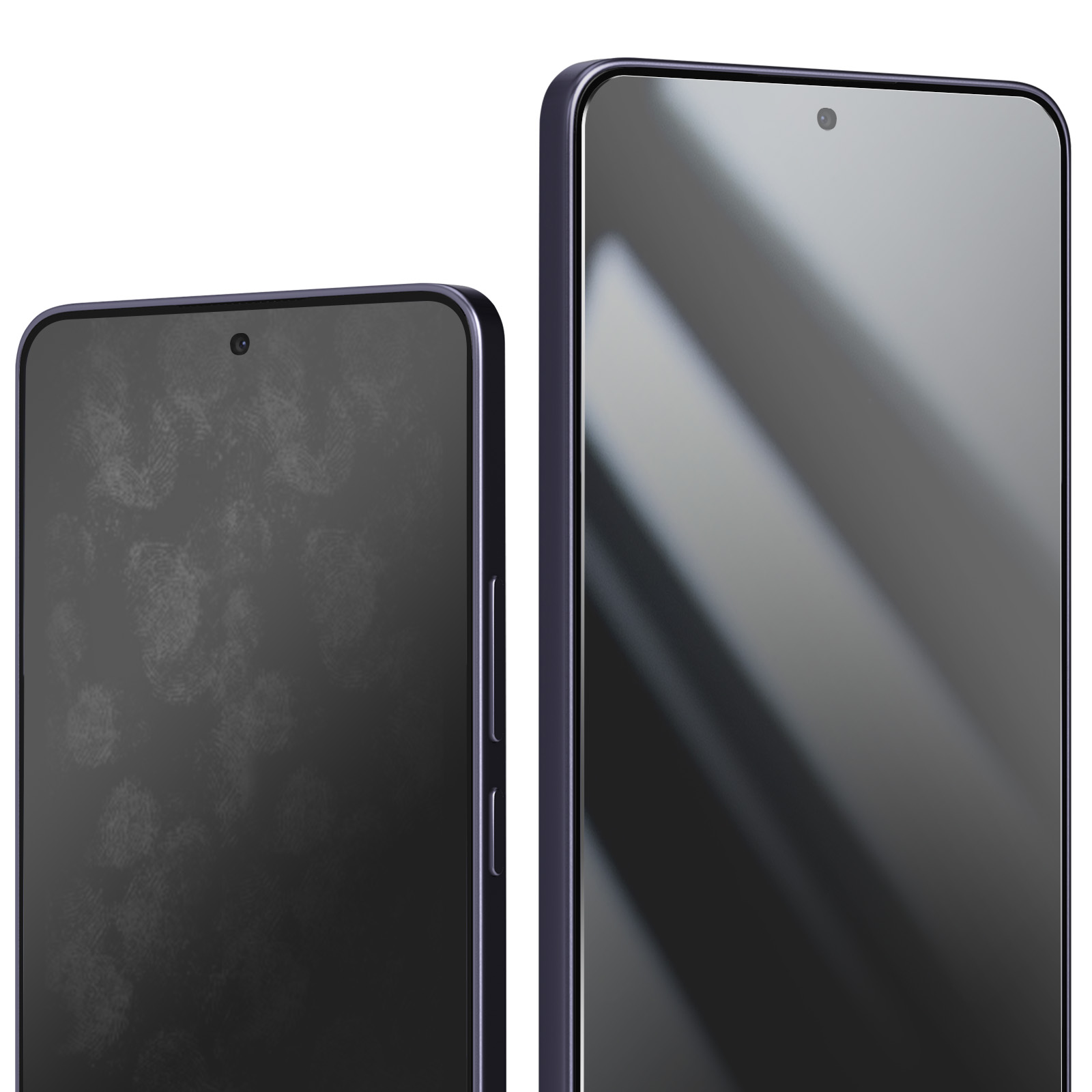 Due smartphone affiancati. Uno con impronte digitali visibili, l'altro pulito. Entrambi scuri con fotocamera.