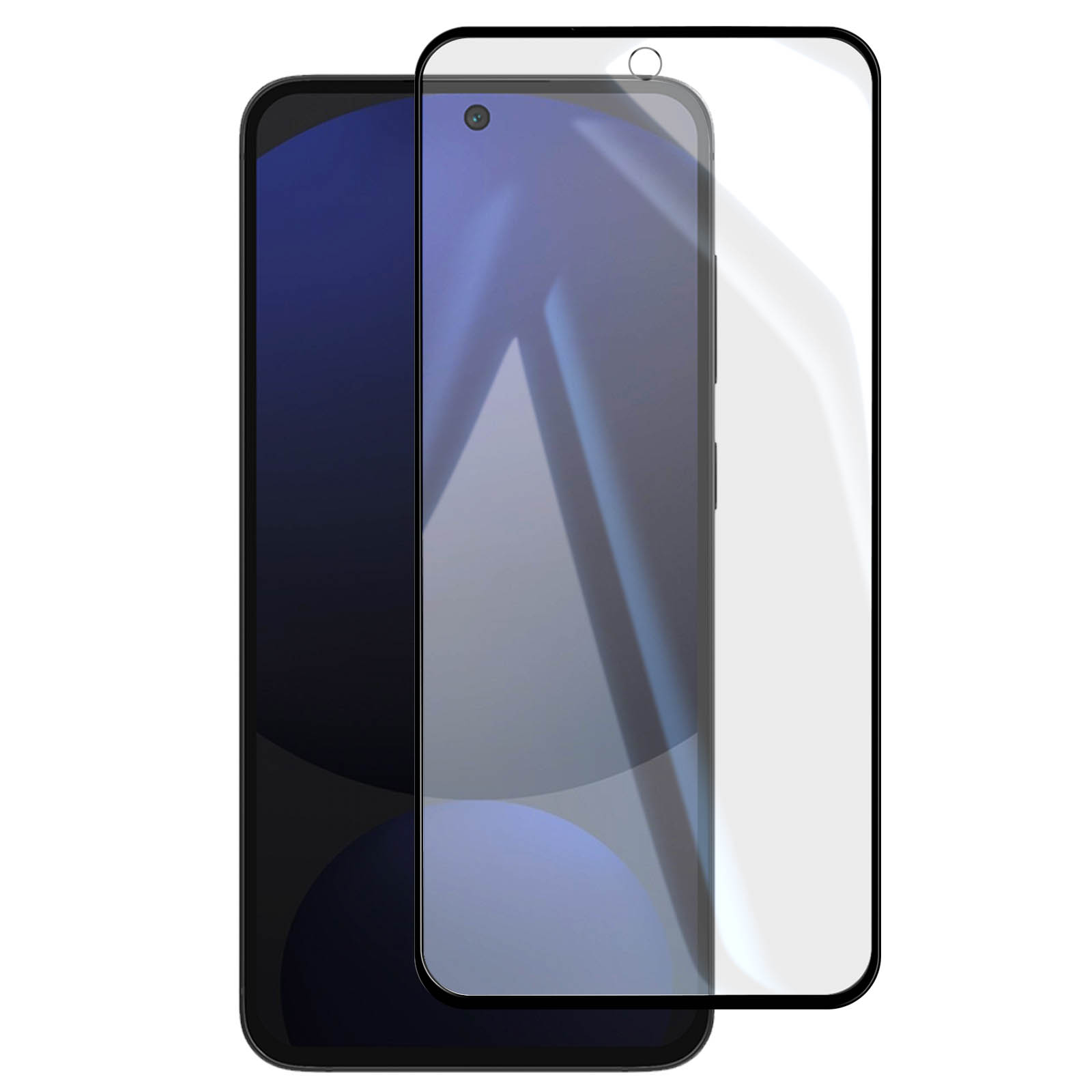 Uno smartphone con protezione schermo su sfondo bianco. Il telefono è nero e la protezione è trasparente.
