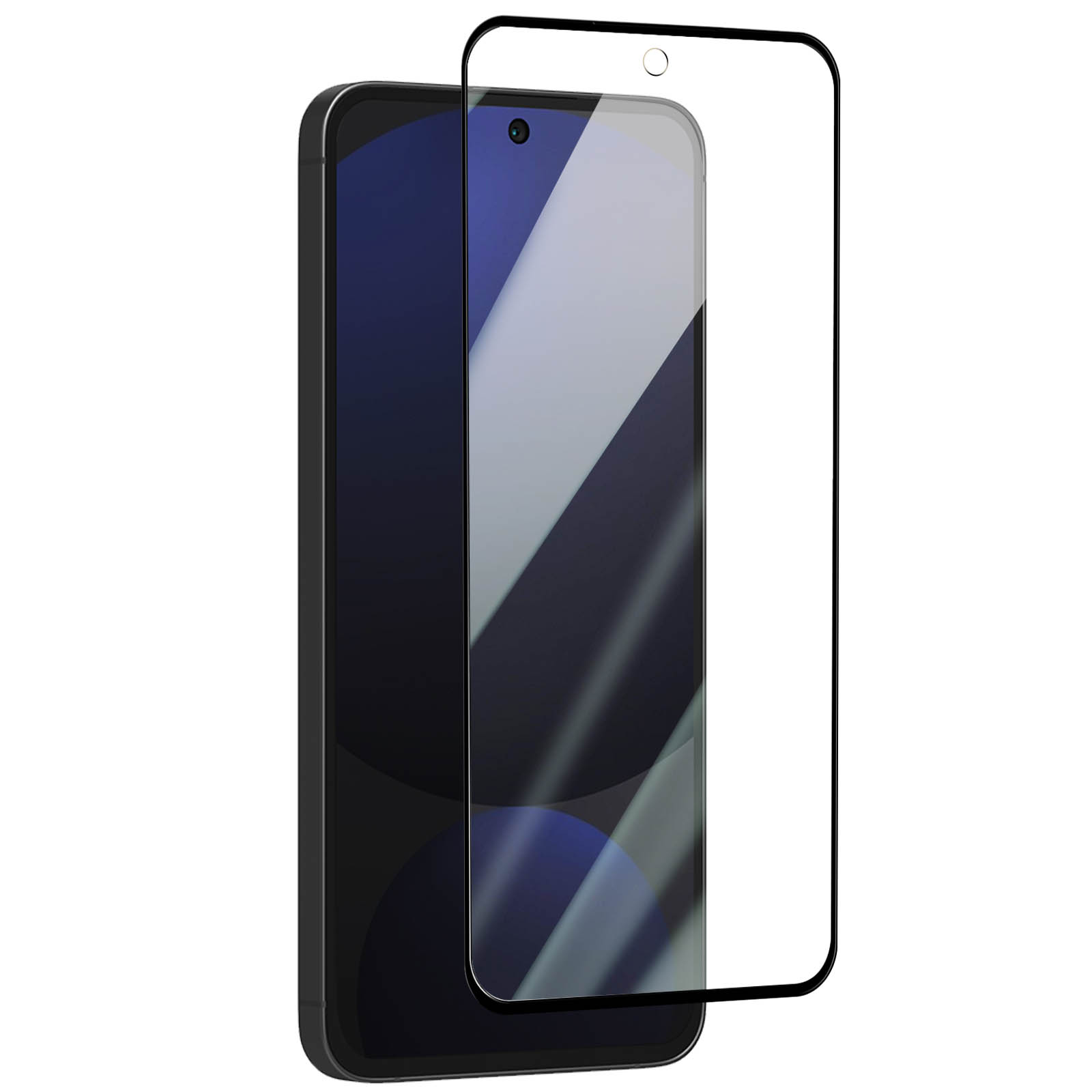 Uno smartphone nero con protezione schermo. La protezione è trasparente con bordo nero, il telefono ha una fotocamera.