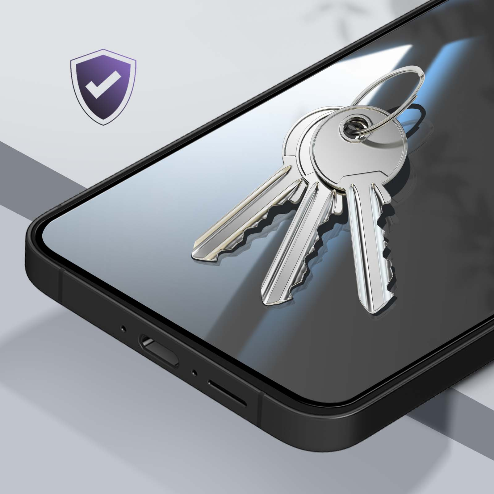 Chiavi d'argento appoggiate sullo schermo di un telefono. Uno scudo viola con un segno di spunta sullo sfondo. Il telefono è nero.