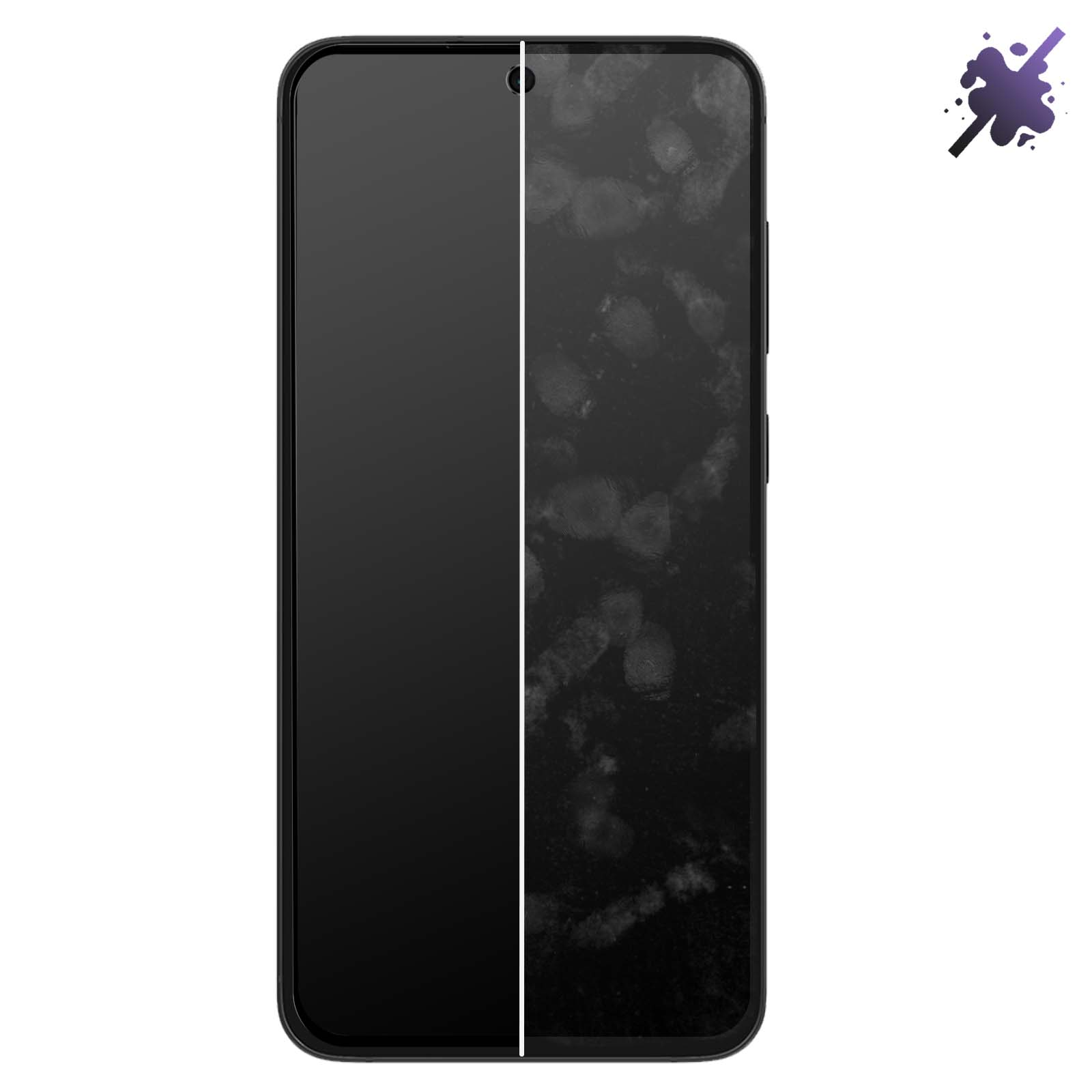 Lo schermo di uno smartphone è diviso da una linea bianca verticale. Il lato destro è coperto di impronte digitali. Il lato sinistro è pulito.