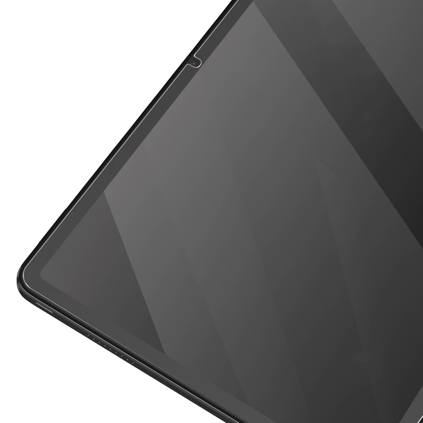 Primo piano di un tablet scuro con un angolo curvo. Lo schermo è lucido, riflettendo la luce. È visibile uno sfondo bianco.