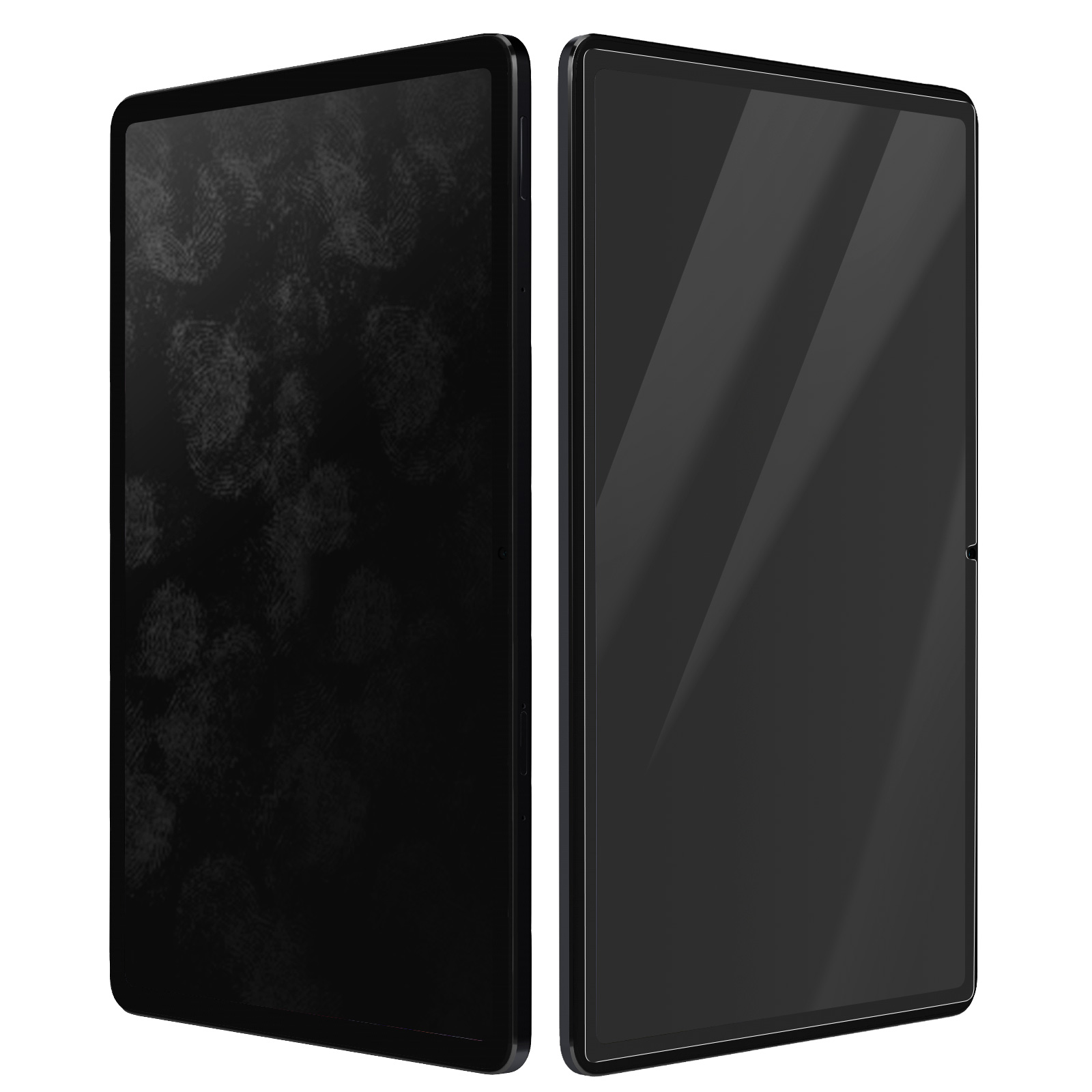 Due tablet neri affiancati, uno con impronte digitali visibili, l'altro pulito, su sfondo bianco.
