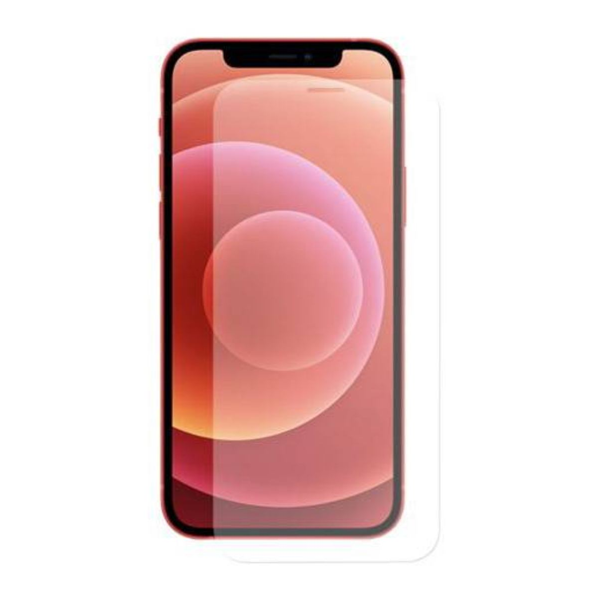 Un iPhone rosso con protezione schermo. Lo schermo mostra una sfumatura rosa e arancione con un design circolare.