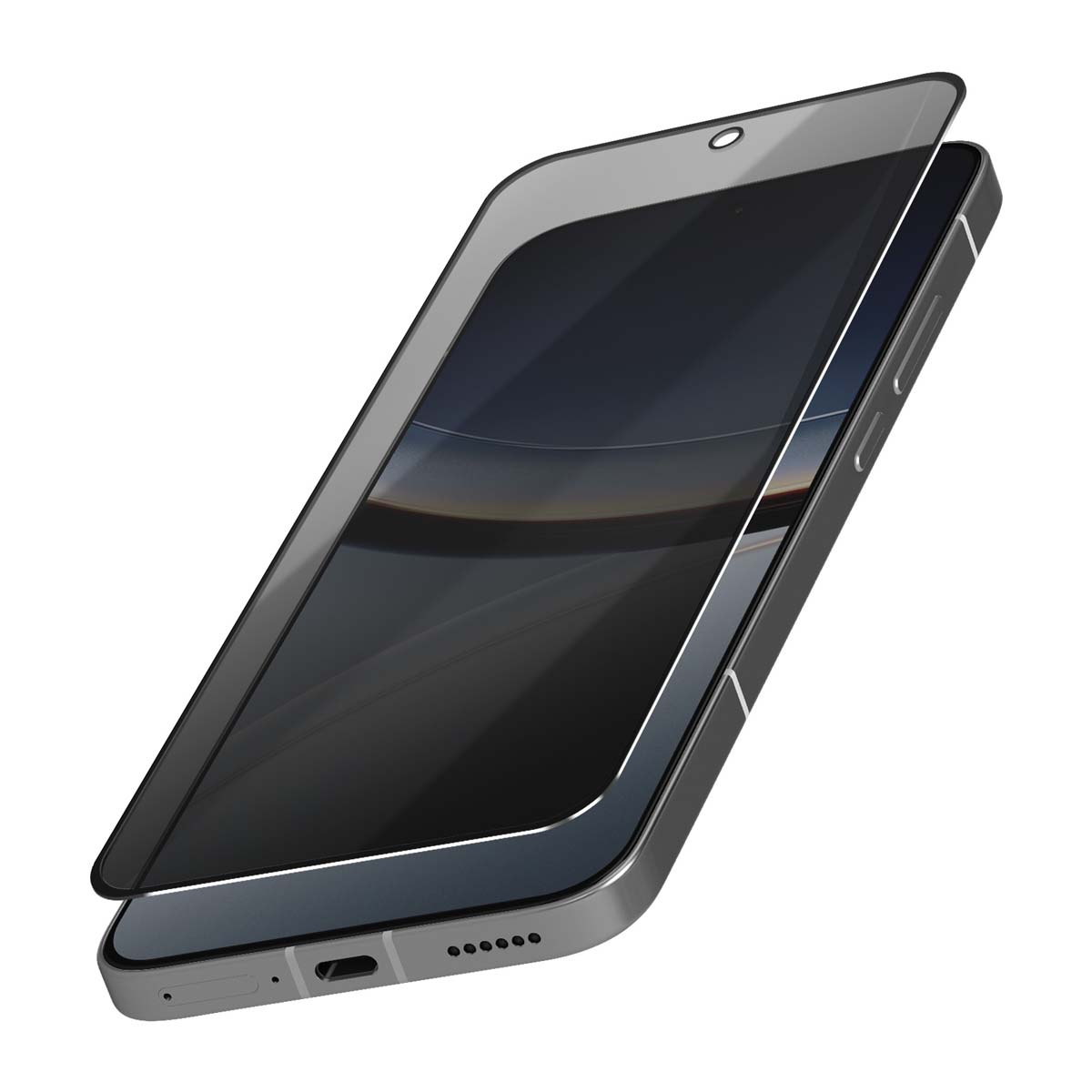 Uno smartphone con protezione schermo, leggermente angolato, che mostra uno schermo nero e una cornice grigia, su sfondo bianco.