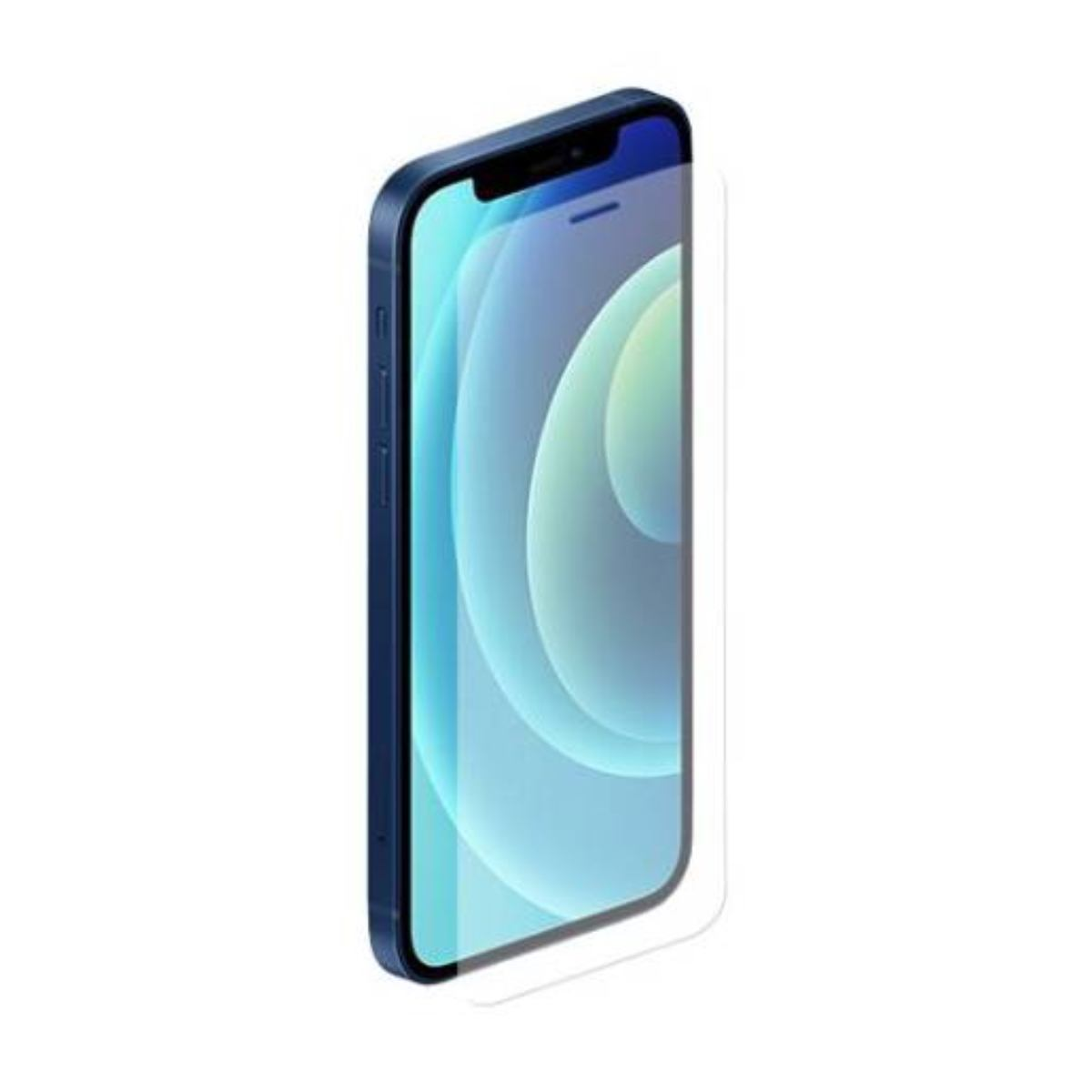 Un iPhone blu con protezione schermo su sfondo bianco. Lo schermo mostra un design astratto blu e bianco.