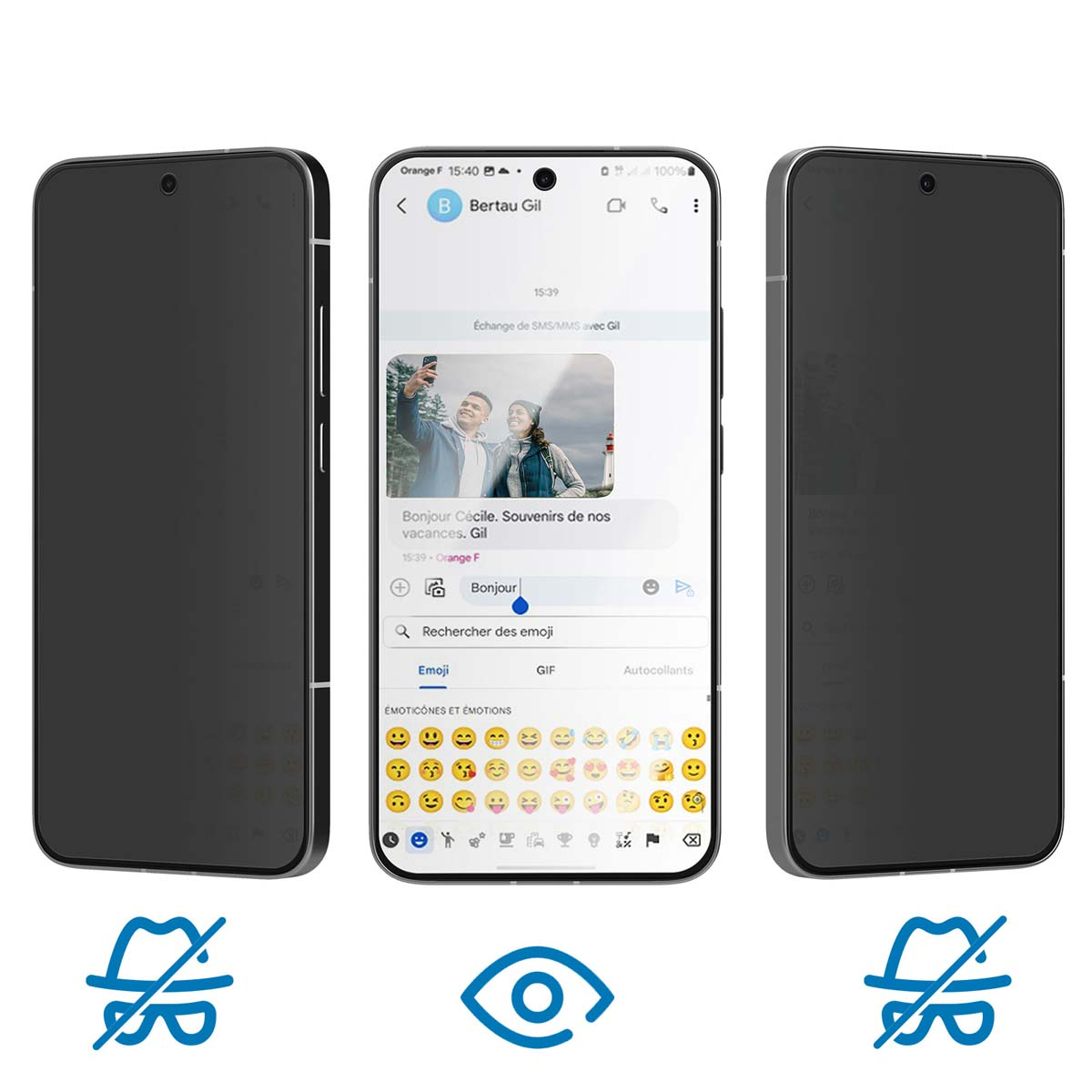 Sono visualizzati tre smartphone. Quello centrale mostra una conversazione SMS con una foto. Gli altri due hanno schermi scuri.
