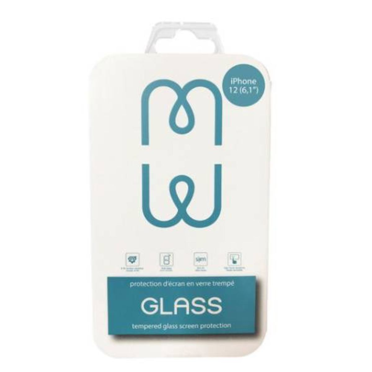 Una confezione per la protezione dello schermo dell'iPhone 12. È bianca, con testo blu e un manico. Il testo dice 'GLASS' e 'iPhone 12'.