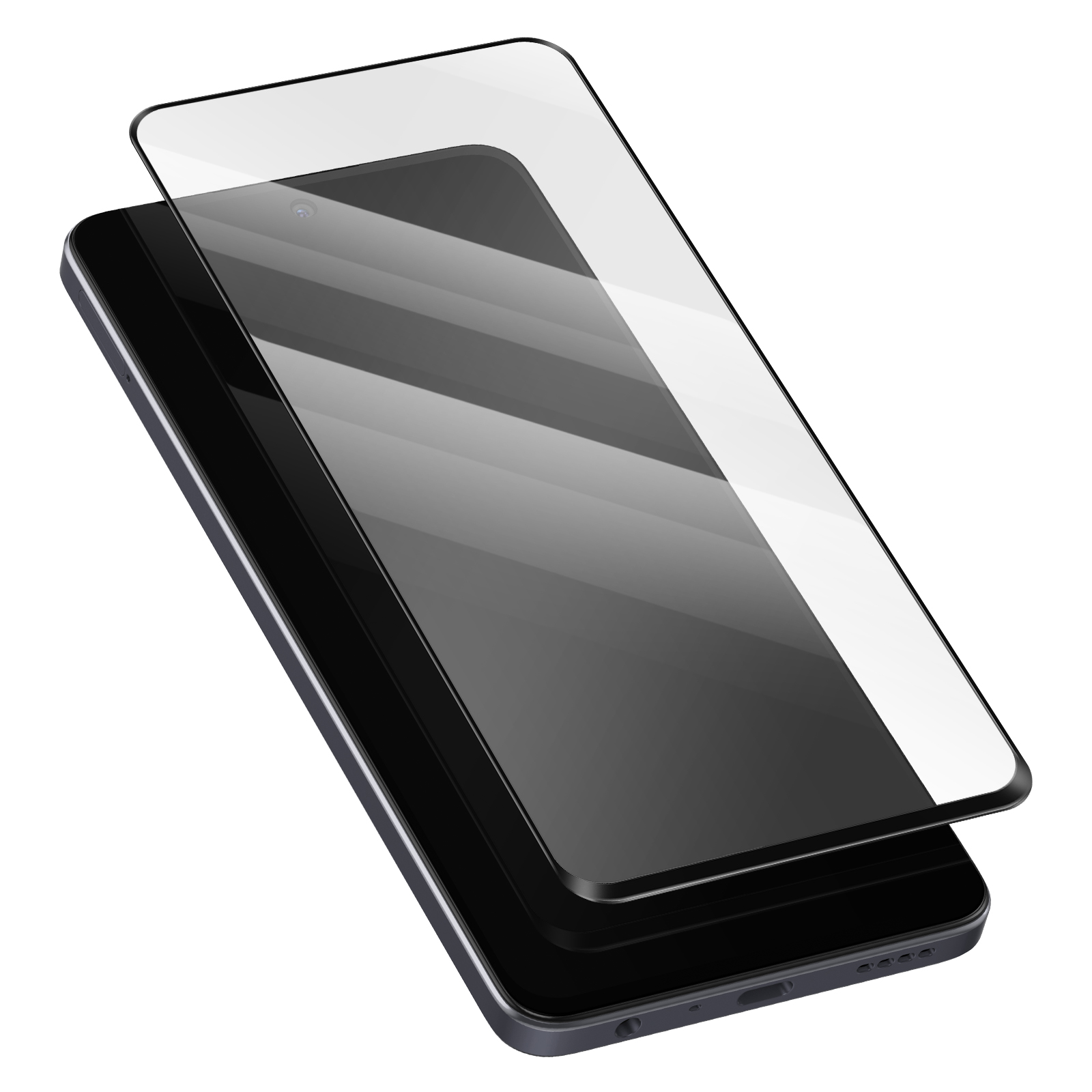 Uno smartphone nero con protezione schermo. La protezione è leggermente sollevata, mostrando fotocamera e schermo. Sfondo bianco.