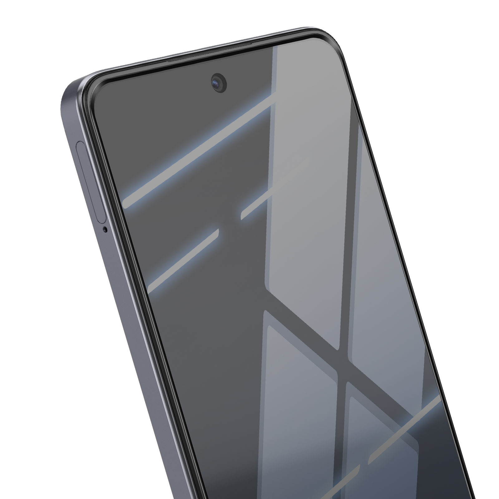Primo piano di uno smartphone, vista angolata. Lo schermo riflette la luce. Il telefono è grigio scuro con fotocamera in alto.