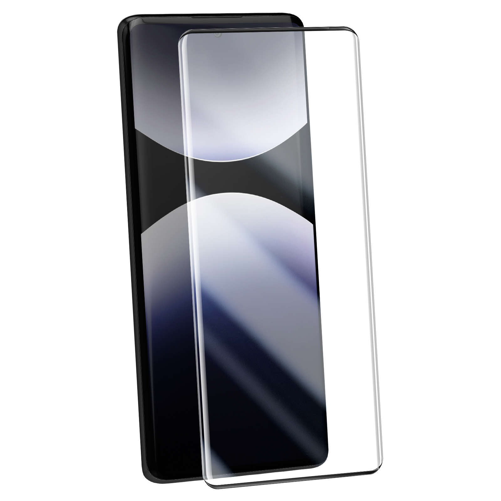 È mostrato uno smartphone nero con una protezione per lo schermo. La protezione è trasparente e sullo schermo.