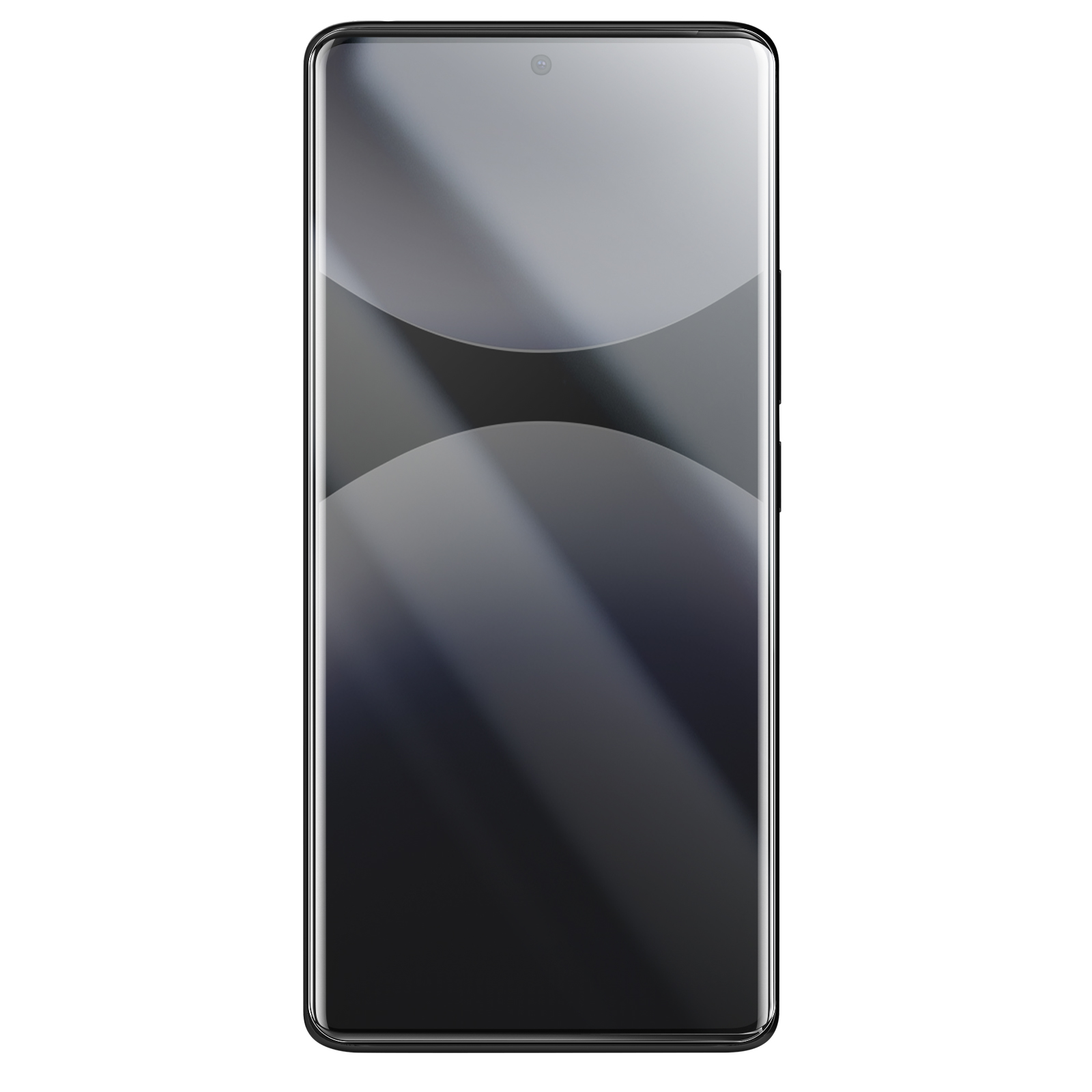 Uno smartphone nero su sfondo bianco. Lo schermo è riflettente con bordi curvi e una piccola fotocamera.