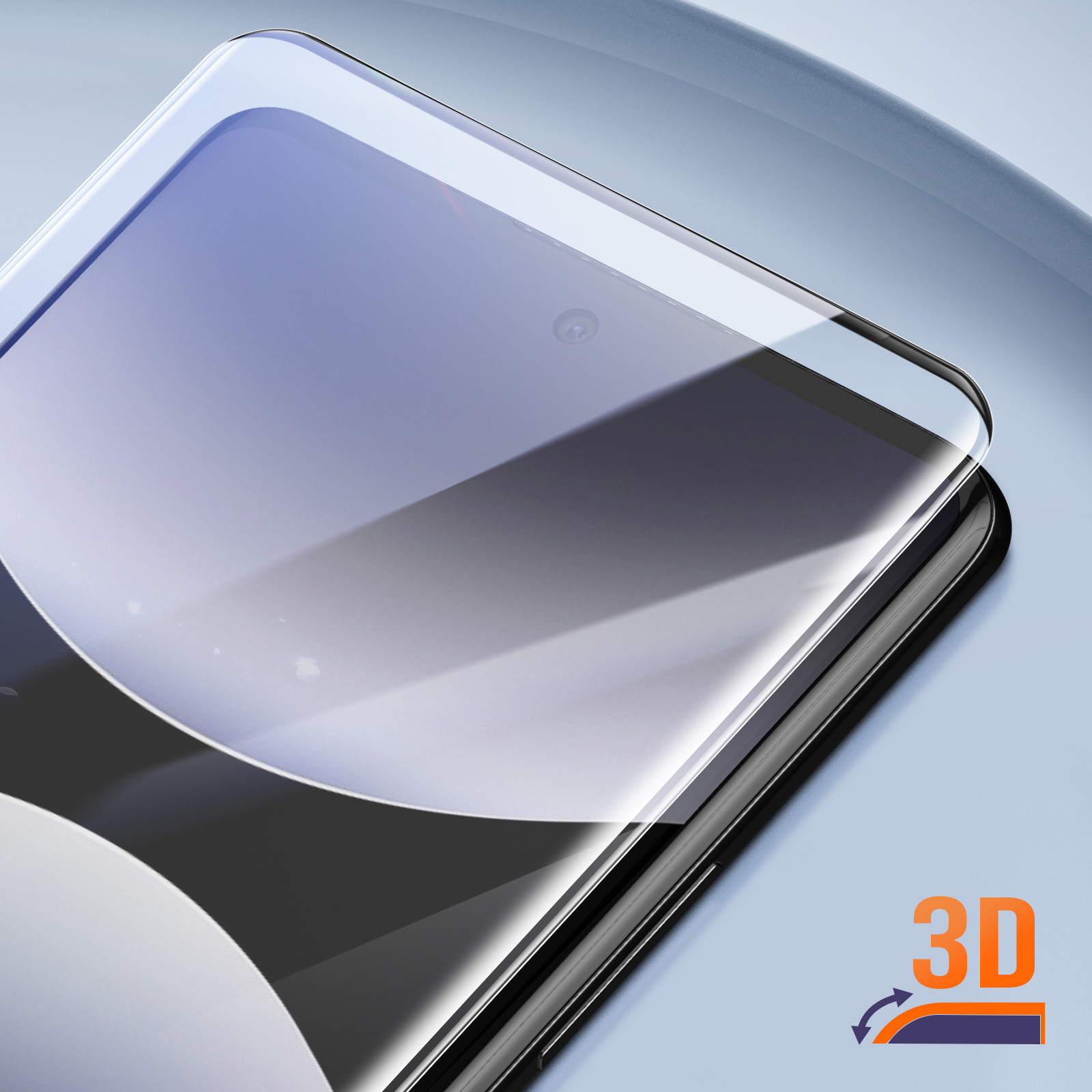 Uno smartphone con protezione schermo 3D. Ha una fotocamera e una superficie lucida. Lo sfondo è azzurro con logo 3D.