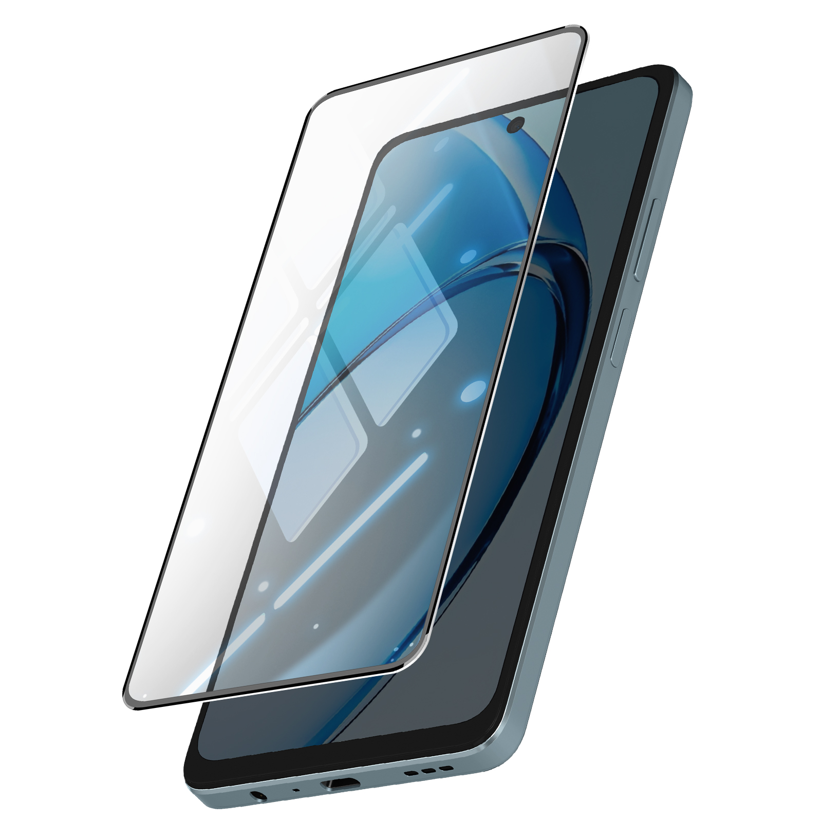 Uno smartphone con una protezione per lo schermo in applicazione. Il telefono è azzurro con bordo nero. La protezione è trasparente.