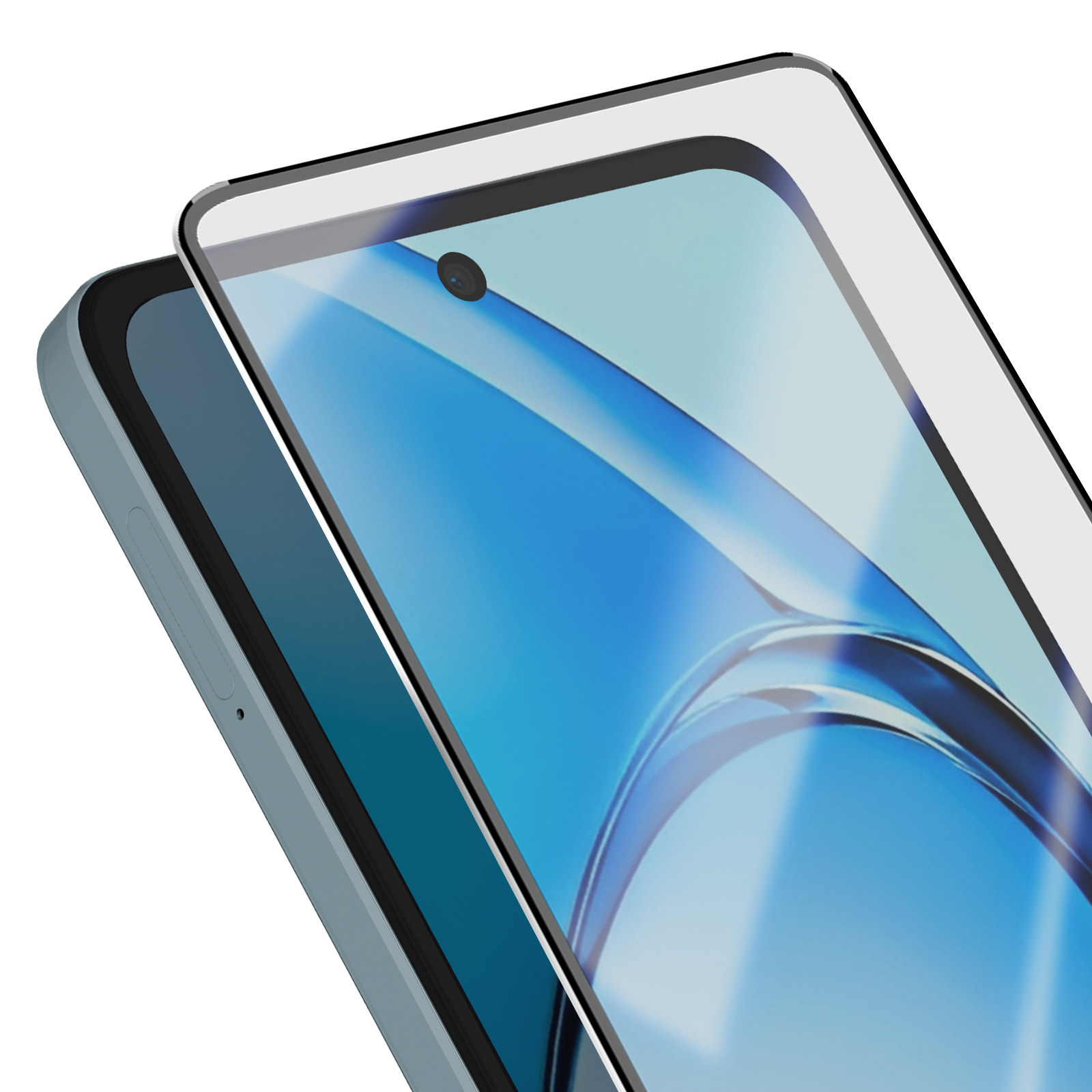 Primo piano di uno smartphone con protezione schermo. Lo schermo mostra uno sfondo blu. Il telefono è azzurro.