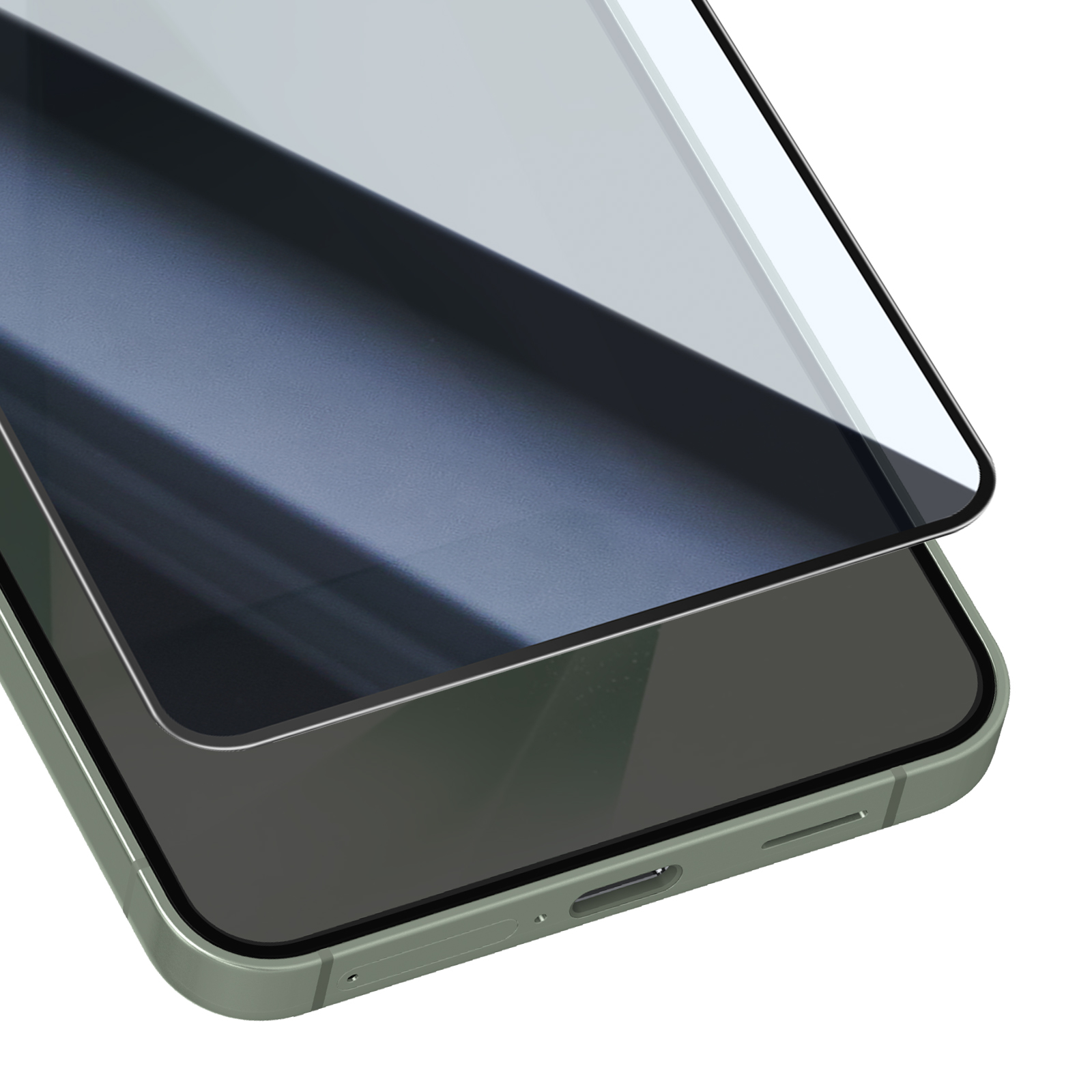 Uno smartphone con una protezione per lo schermo applicata. Il telefono è verde oliva. Il protettore è trasparente.