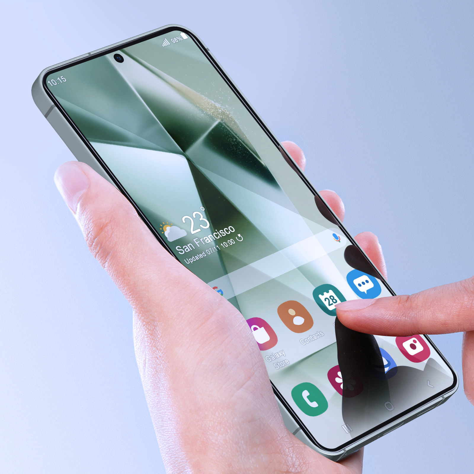 Una mano tiene uno smartphone. Lo schermo mostra icone di app e le previsioni meteo per San Francisco. Un dito tocca l'icona del calendario.