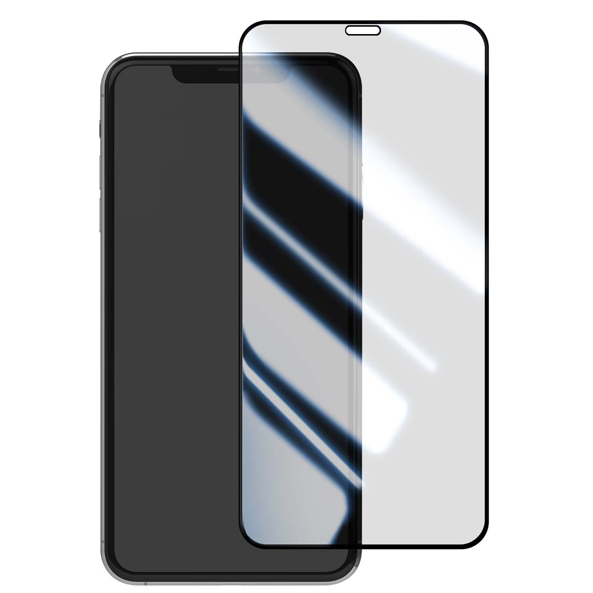 Un smartphone avec un protecteur d'écran. Le téléphone est noir et le protecteur est transparent avec un bord noir.