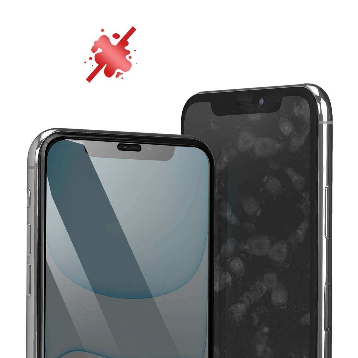 Deux smartphones, un avec un écran propre, l'autre avec des taches. Une tache rouge en haut à gauche indique une interdiction.