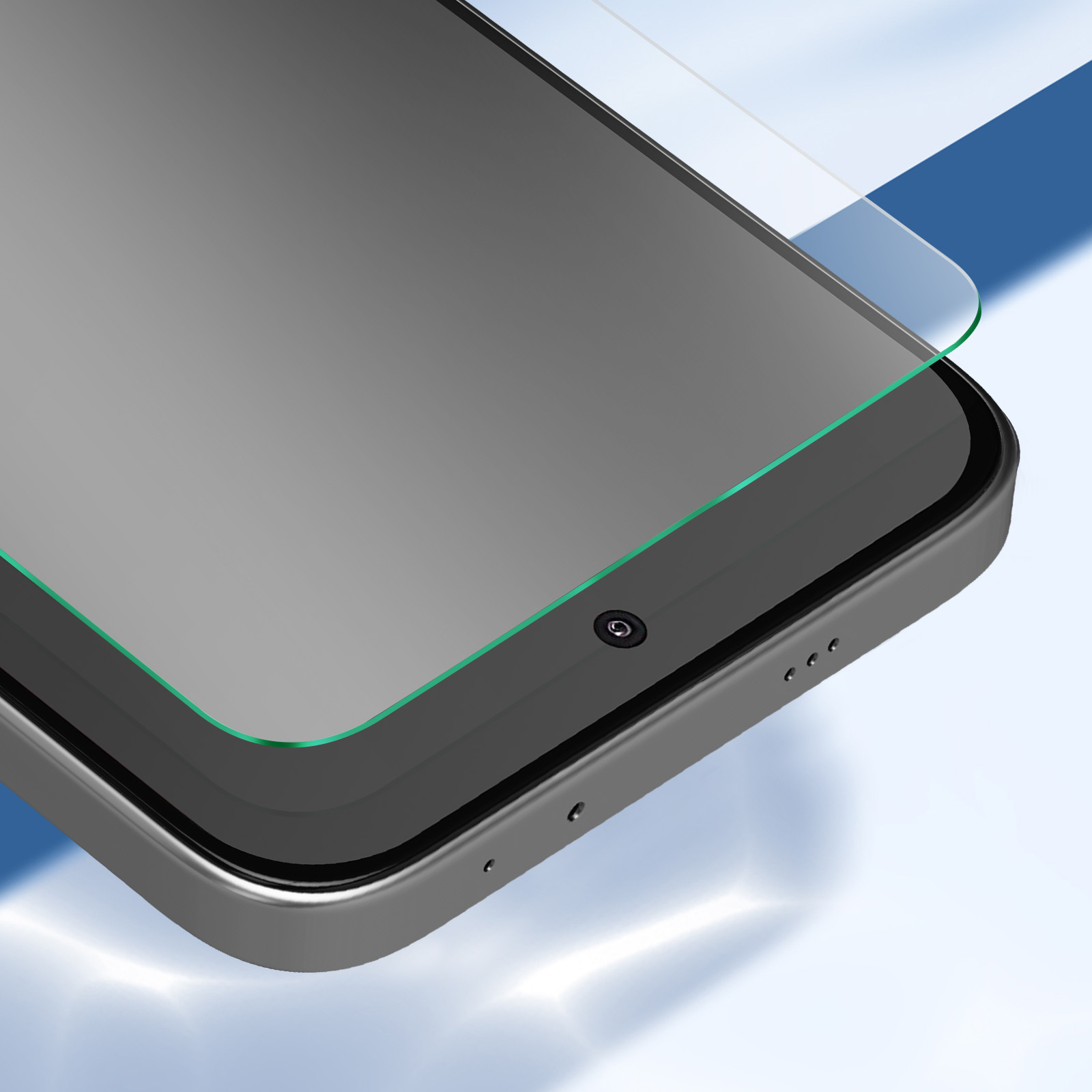 Primo piano di uno smartphone con una protezione per lo schermo applicata. Il telefono è grigio e la protezione ha un bordo verde.