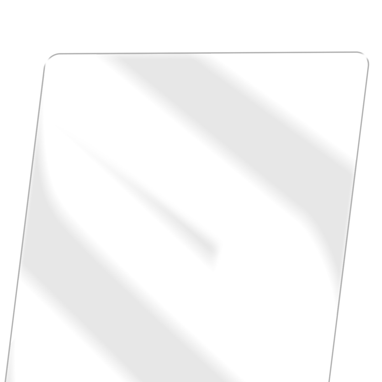 Un objet rectangulaire transparent, peut-être en verre, avec des coins arrondis, sur fond blanc. Des ombres sont visibles.