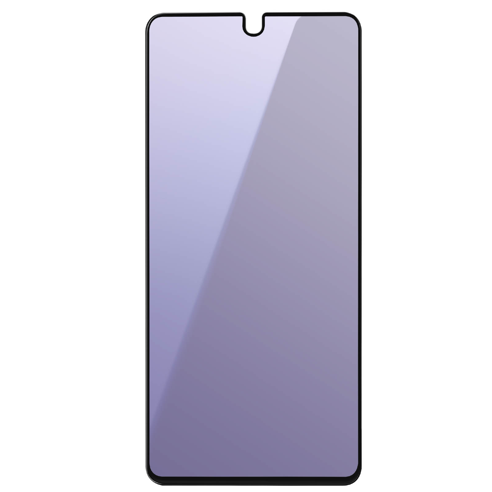 Un protector de pantalla rectangular con una muesca en forma de U en la parte superior. El protector es de color morado claro y tiene un borde negro.