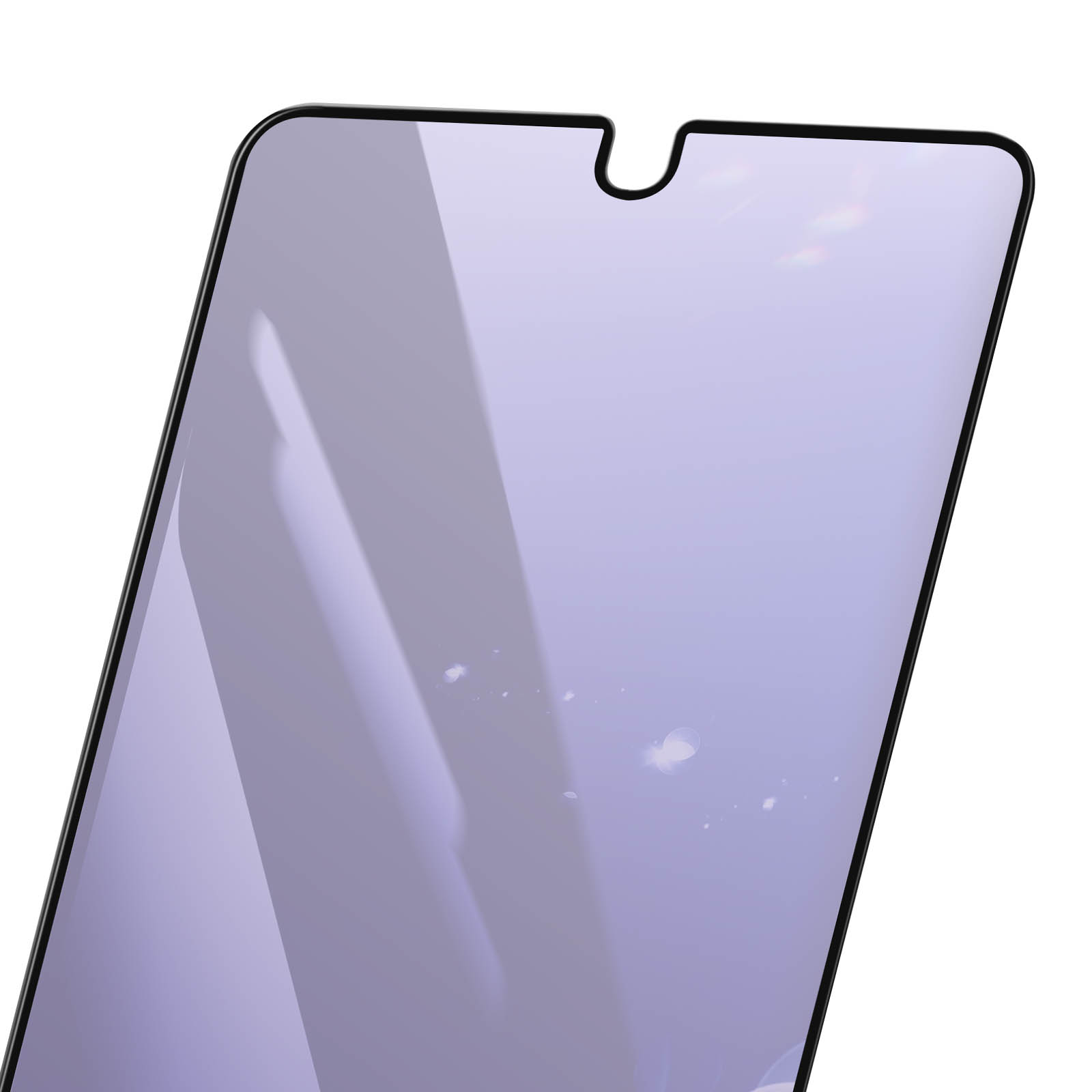 Primer plano de un protector de pantalla con borde negro. Es de color lila claro y tiene una muesca en la parte superior.