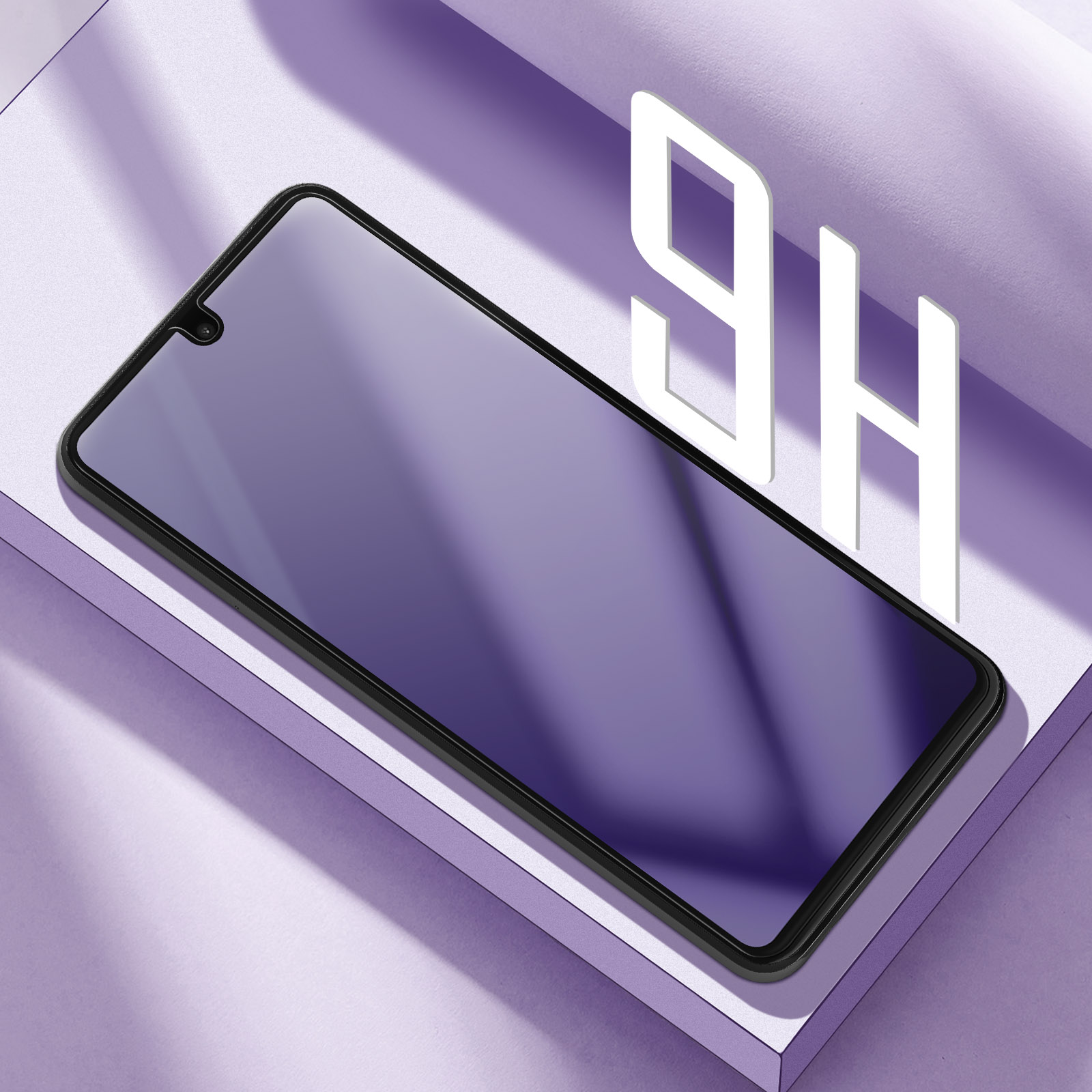 Un protector de pantalla con marco negro sobre una superficie morada con texto 9H.