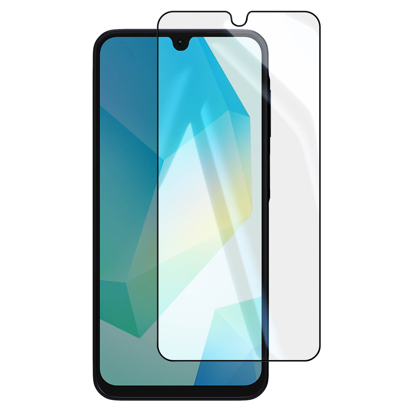 Uno smartphone con una protezione per lo schermo applicata. Il telefono è nero, lo schermo mostra un design astratto blu-verde.