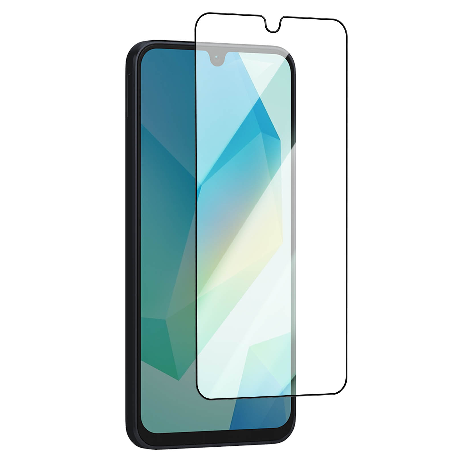 Uno smartphone con una protezione per lo schermo applicata. Il telefono è nero, lo schermo mostra un design geometrico. La protezione è trasparente.