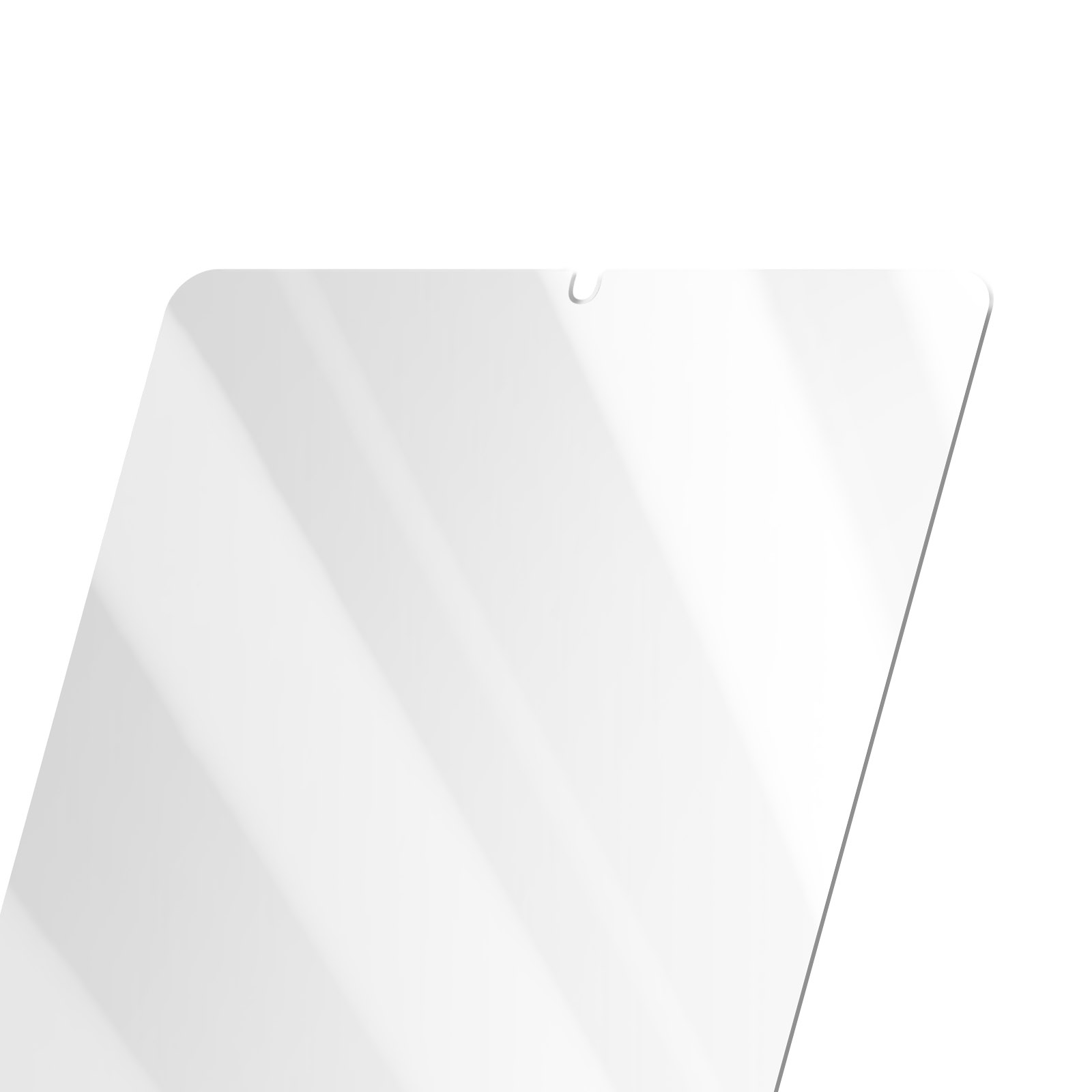 Un proteggi schermo su sfondo bianco. La parte superiore ha un piccolo ritaglio. Linee diagonali visibili sulla superficie.