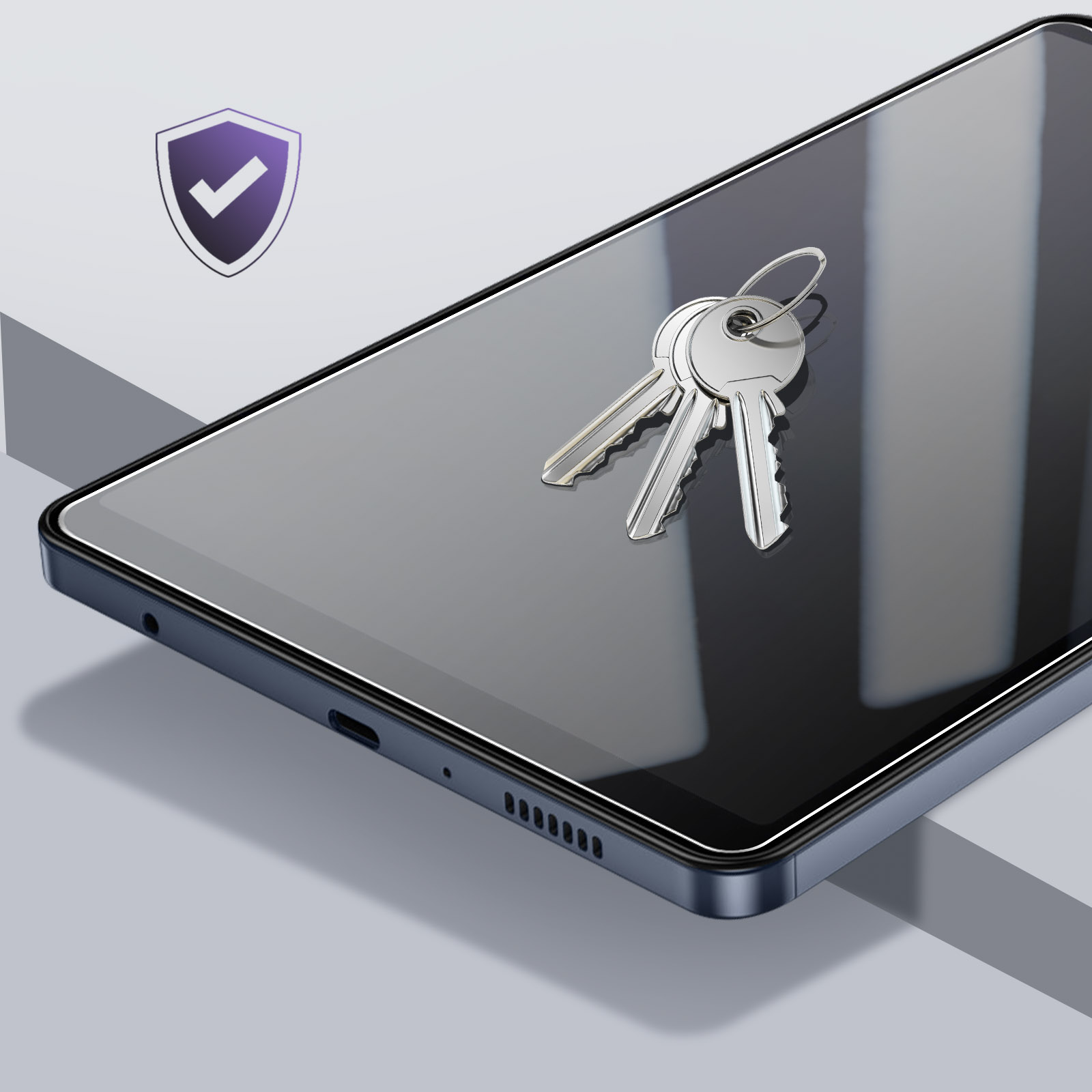 Smartphone con chiavi sullo schermo, un'icona di scudo di sicurezza. Il telefono è blu scuro e ha una protezione per lo schermo.