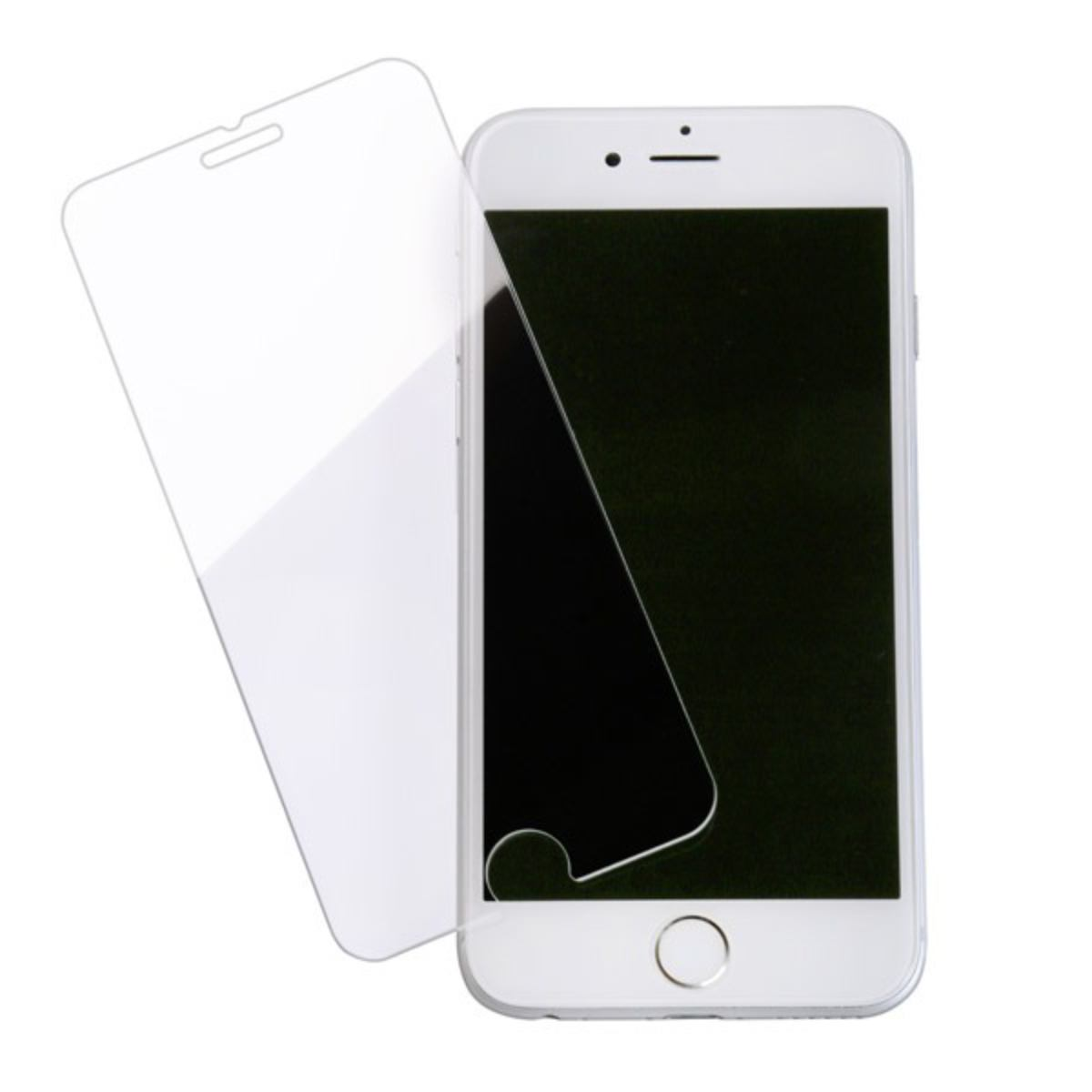 Uno smartphone bianco con una protezione per lo schermo in fase di applicazione. La protezione è trasparente, lo schermo del telefono è nero.