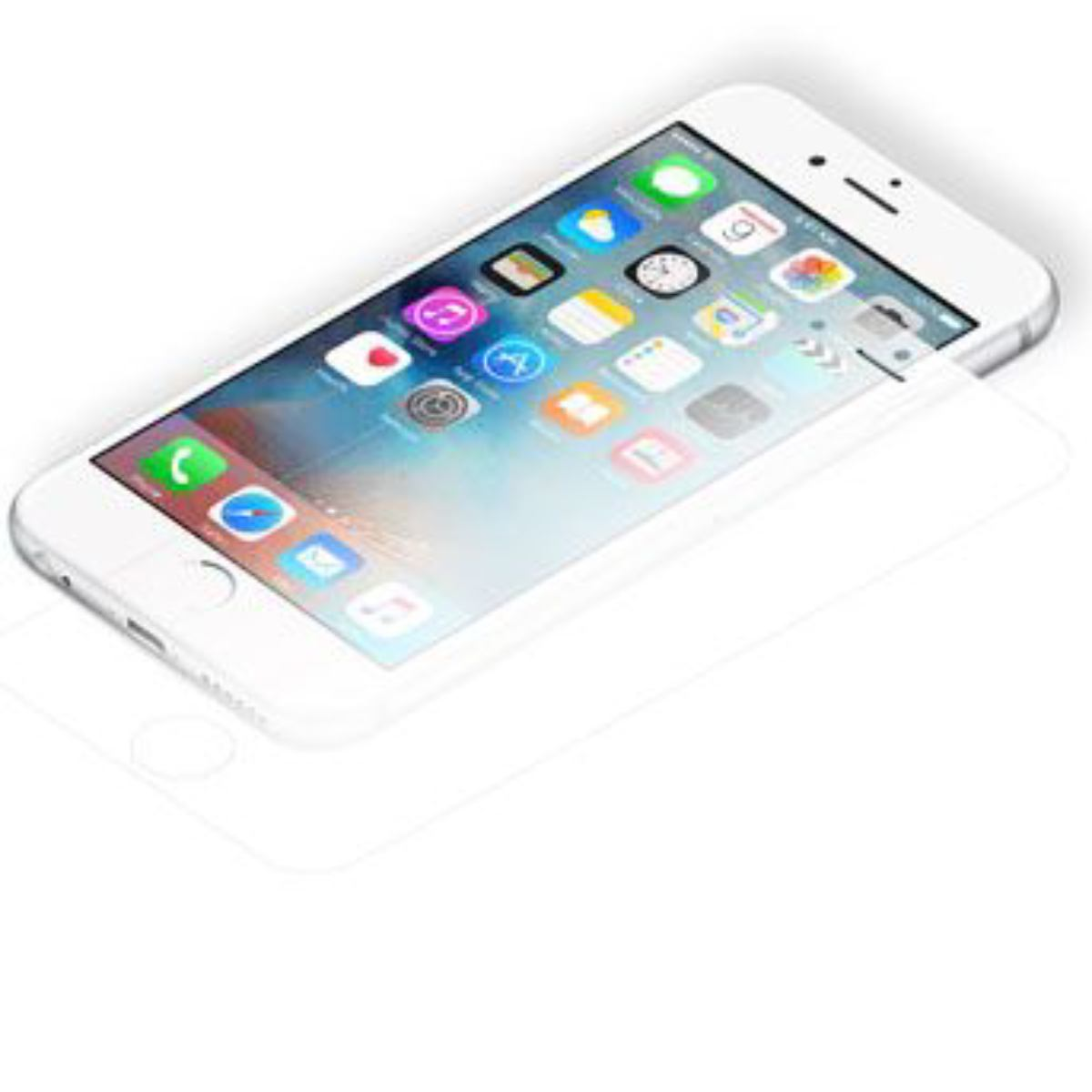 Un iPhone bianco con protezione schermo che mostra icone di app è angolato su una superficie bianca.