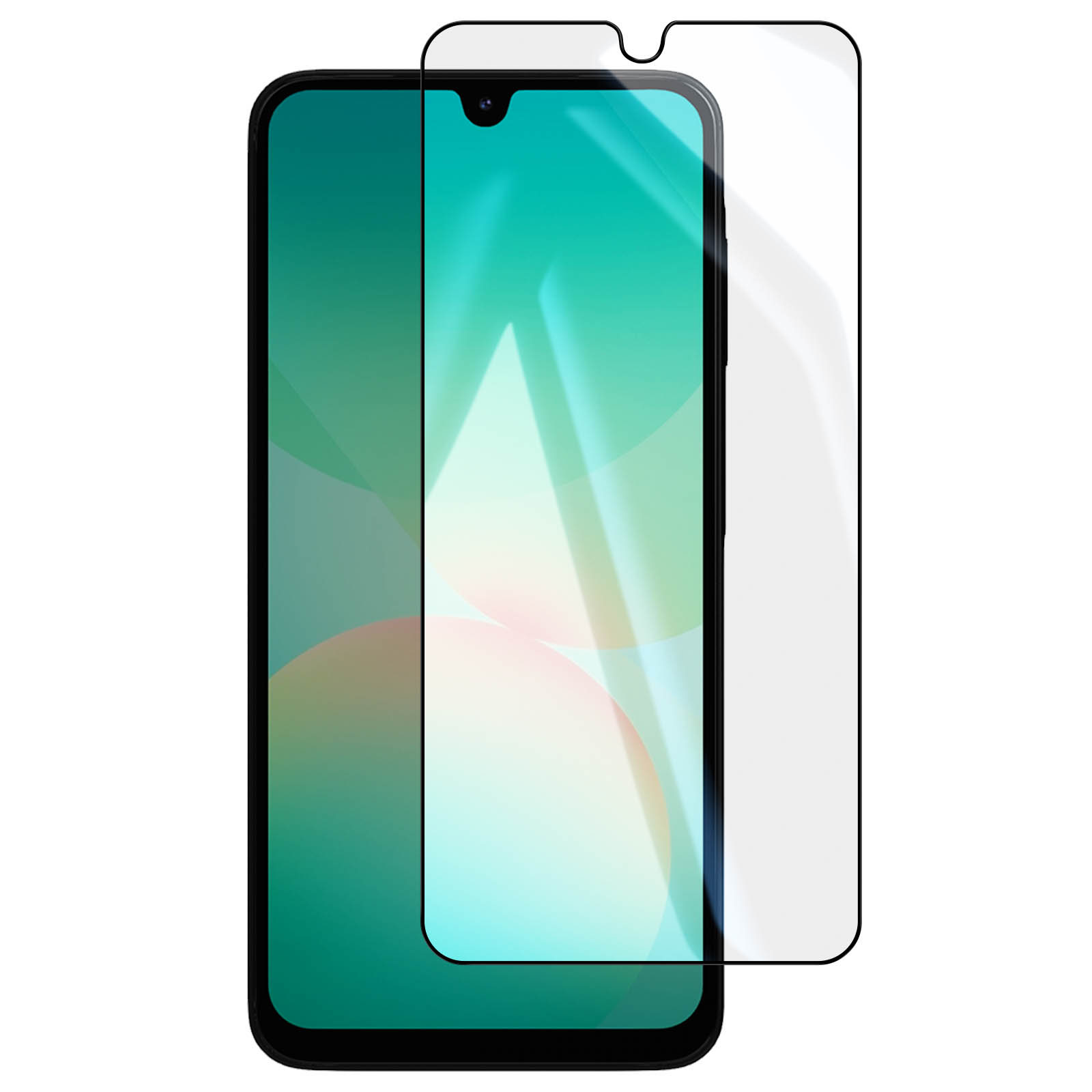 Uno smartphone con una protezione per lo schermo applicata. Lo schermo mostra forme verdi astratte. La protezione è a destra.
